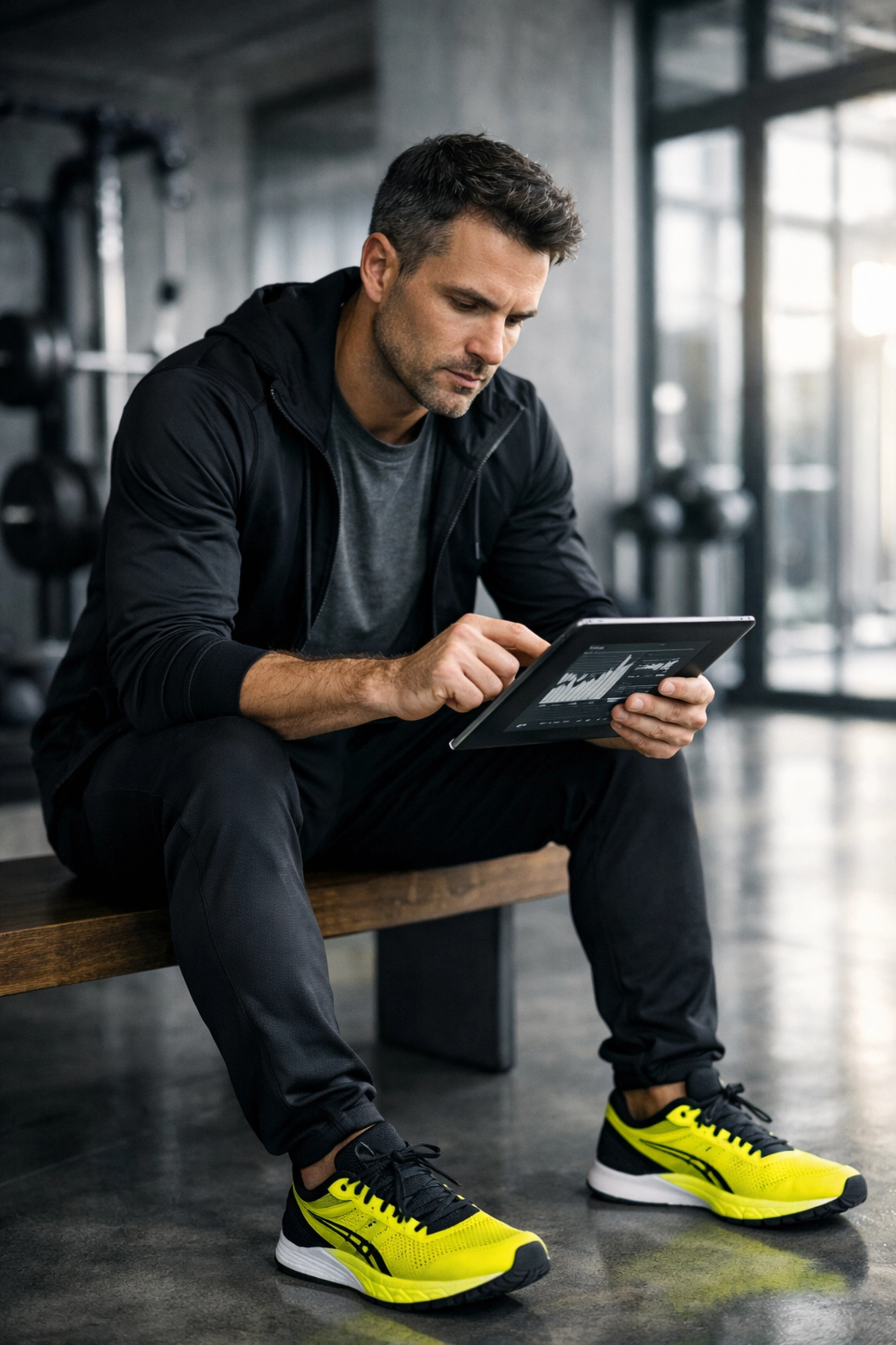 Personal trainer tracking business growth and lead generation analytics on a tablet in a premium studio.