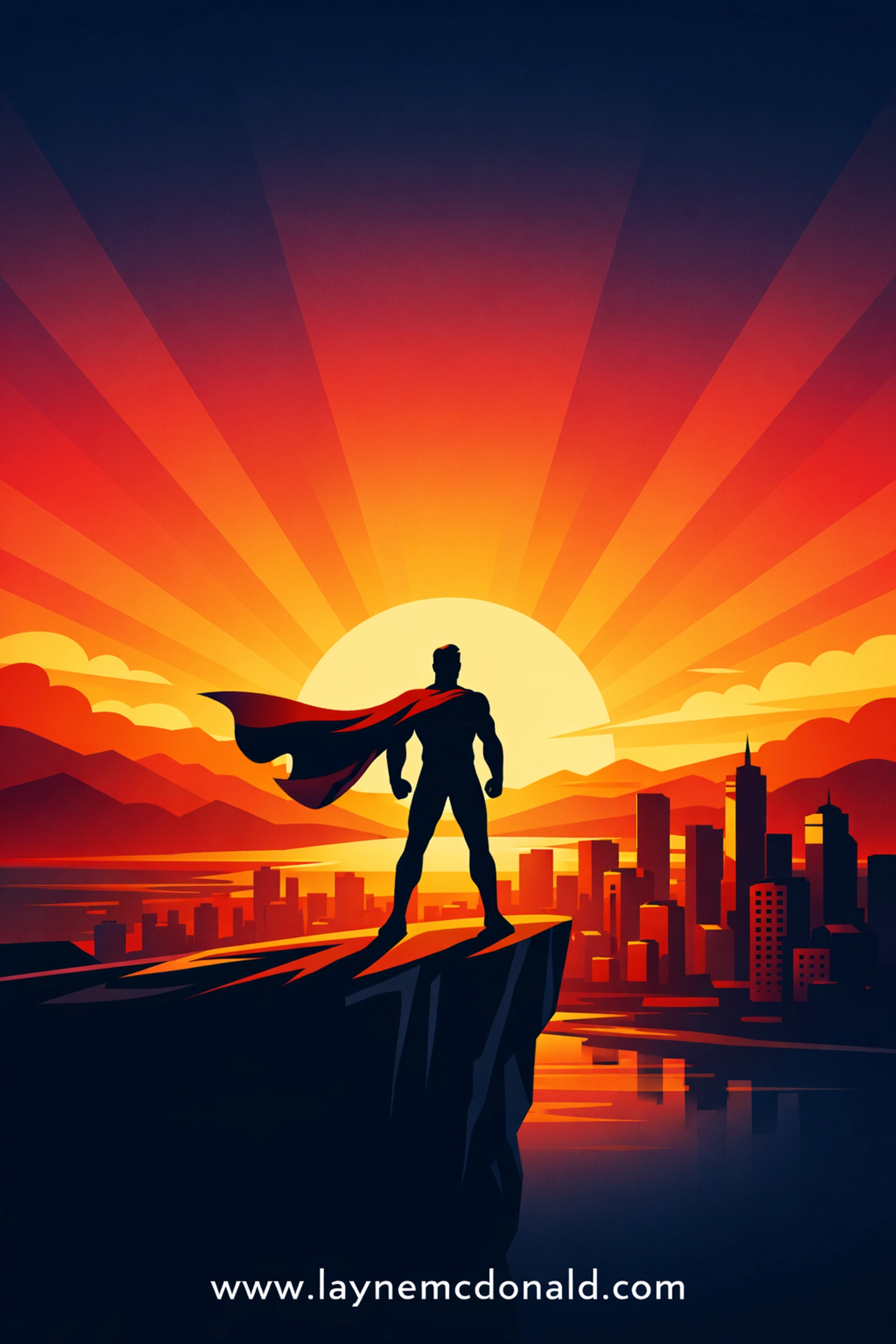 Heroic caped figure at sunrise overlooking city representing Superman 2025 Christian themes