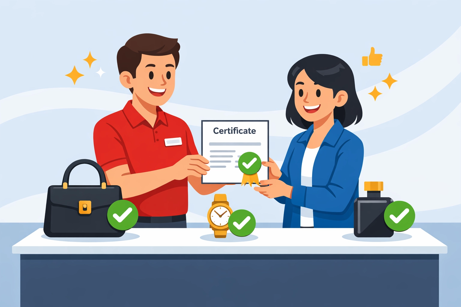 Store employee providing authentication certificate to customer for verified luxury item