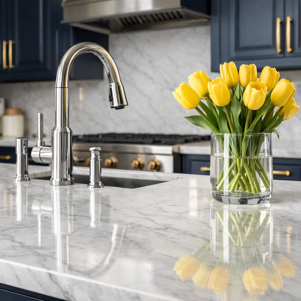 A professionally cleaned luxury kitchen in Westford showing the benefits of weekly house cleaning.