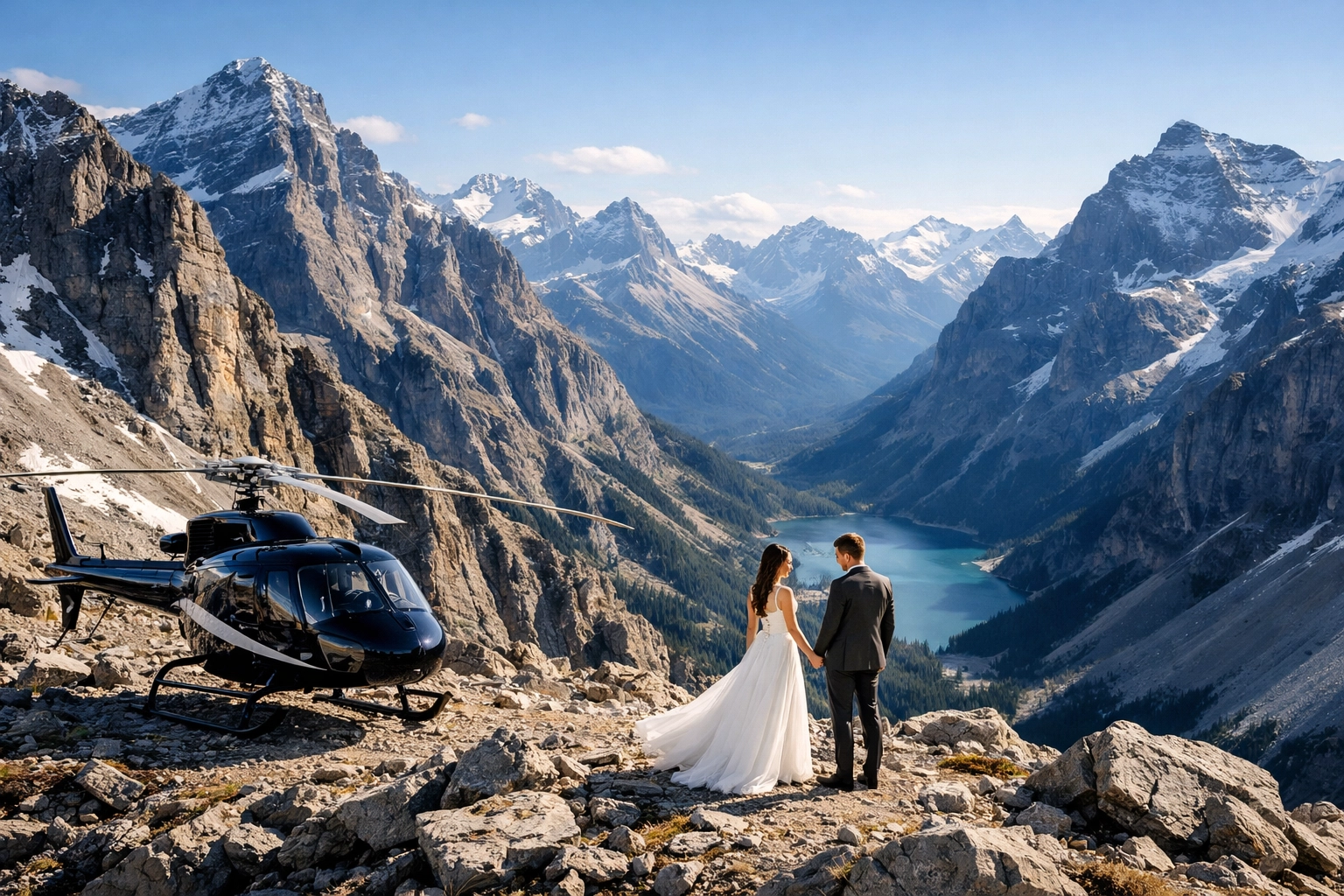 Luxury Banff helicopter elopement ceremony on a mountain peak with views of the Canadian Rockies.