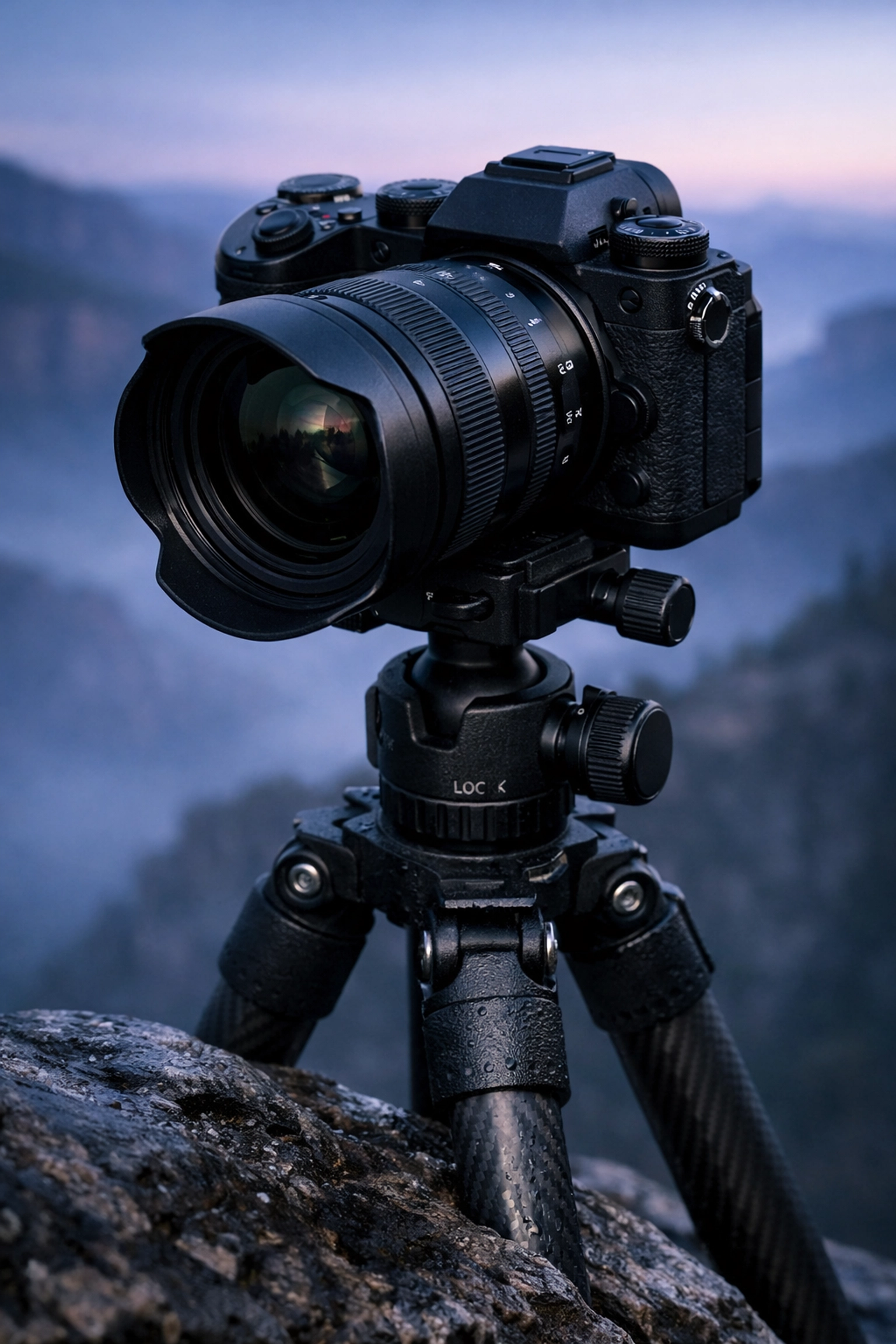 Camera on a tripod overlooking a canyon at dawn, a key setup for these landscape photography tips.