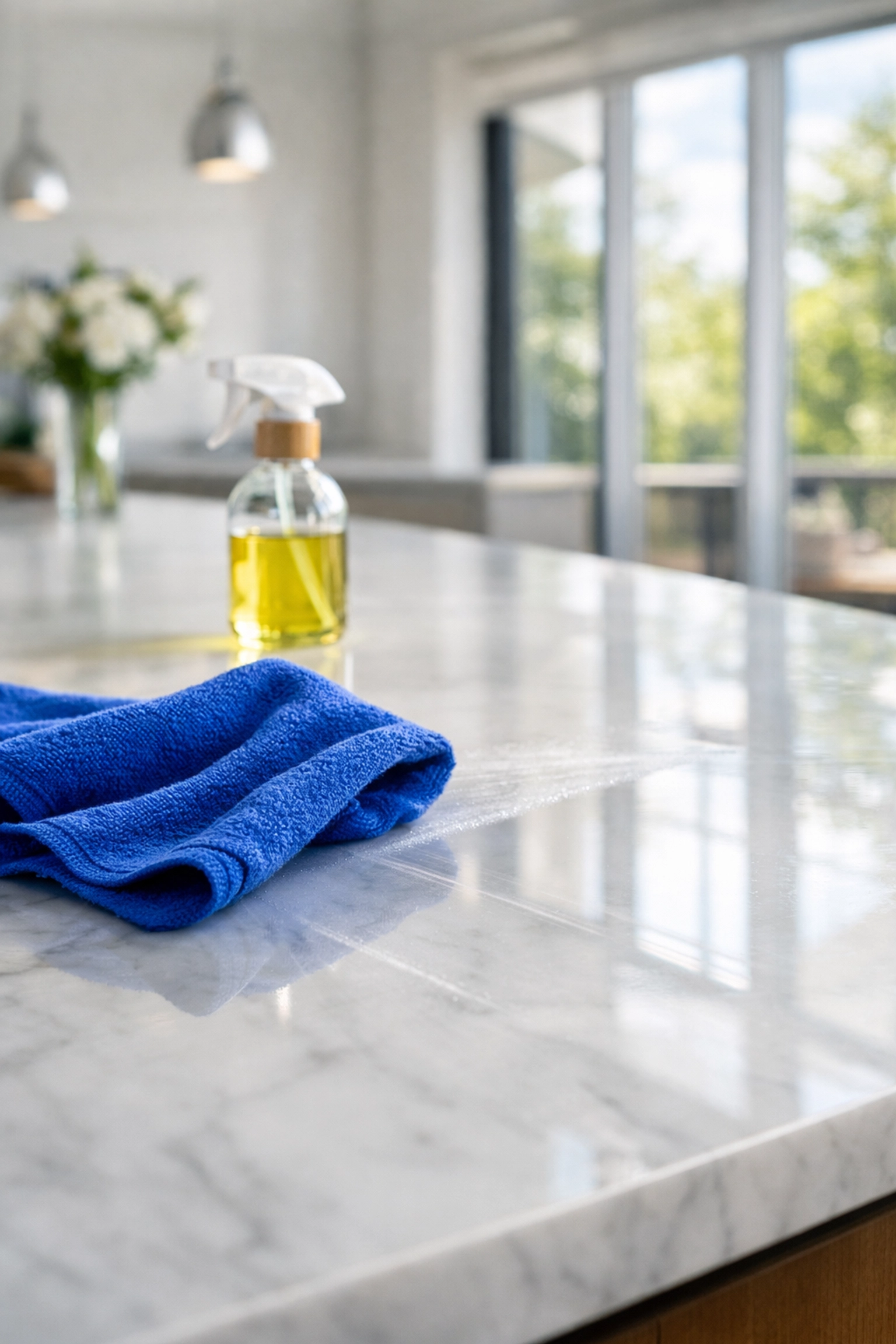 Microfiber cloth wiping a marble kitchen island after eco-friendly post-construction cleaning in Ashland.