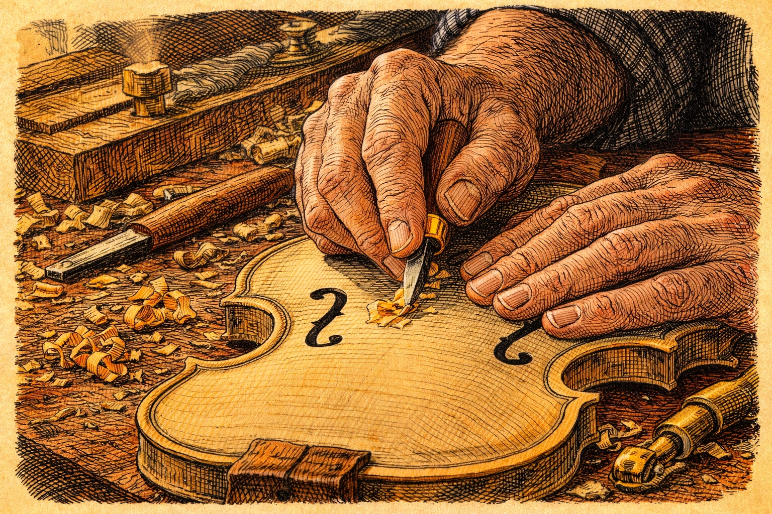 Artisan craftsman's hands creating custom violin showing personalized music education approach