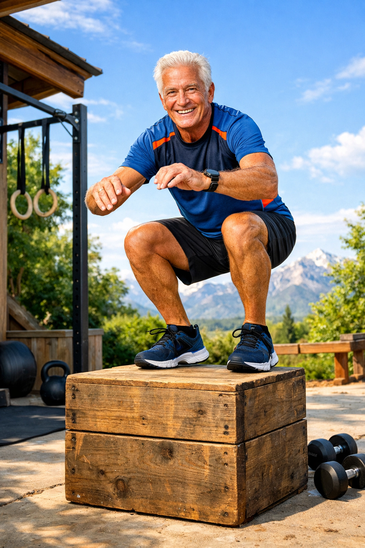 Active senior man performing a box jump to demonstrate functional strength and longevity fitness.
