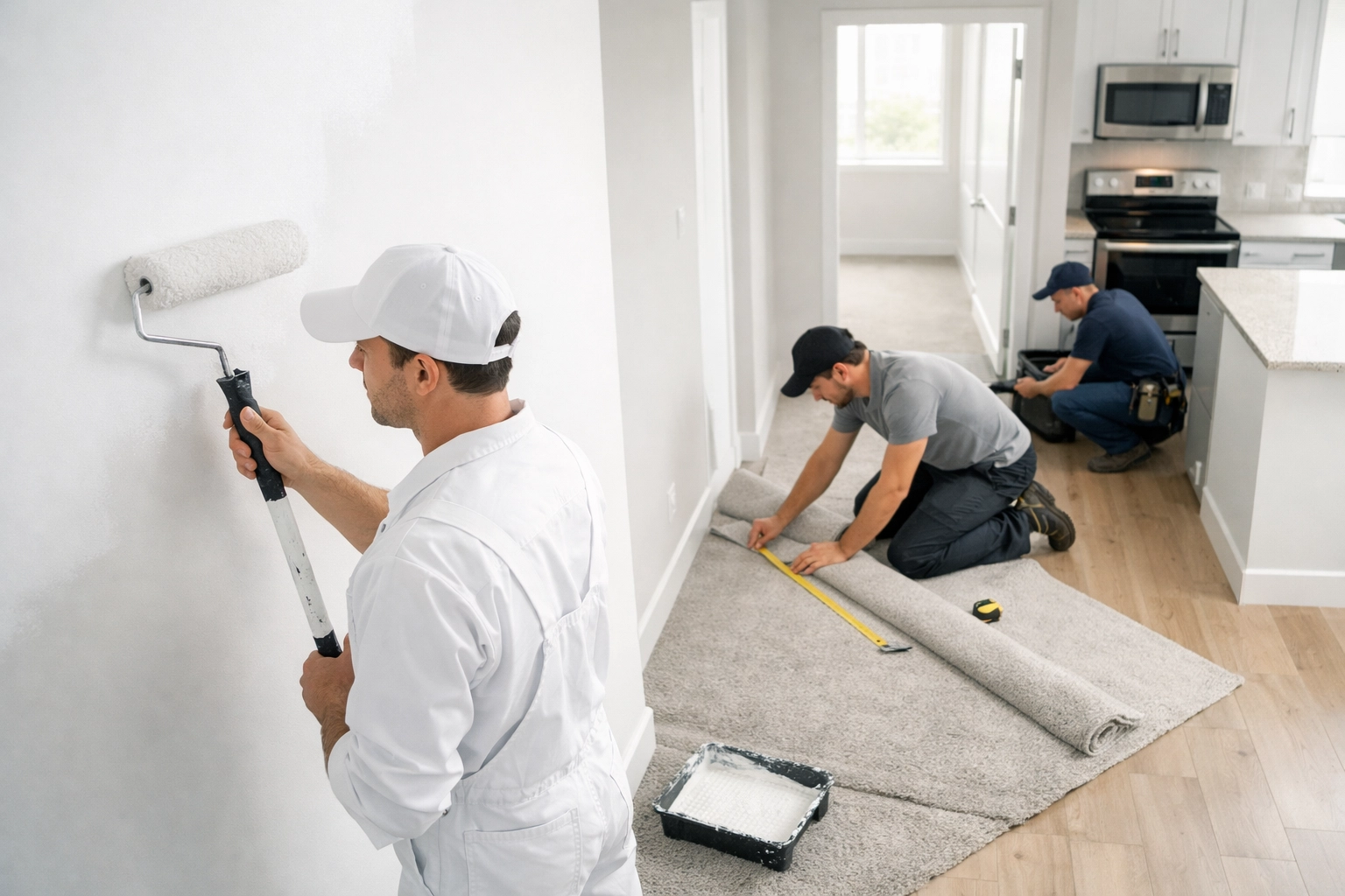 Painter, flooring installer, and maintenance worker coordinating apartment turnover repairs