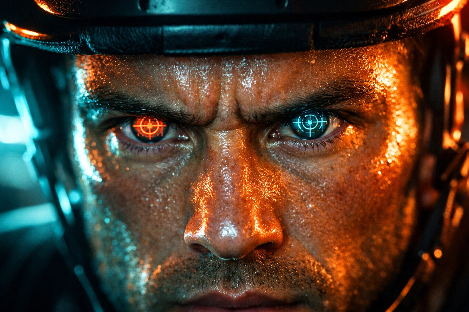 Close-up of an athlete's eyes with digital targets reflected, highlighting visual tracking and cognitive focus.