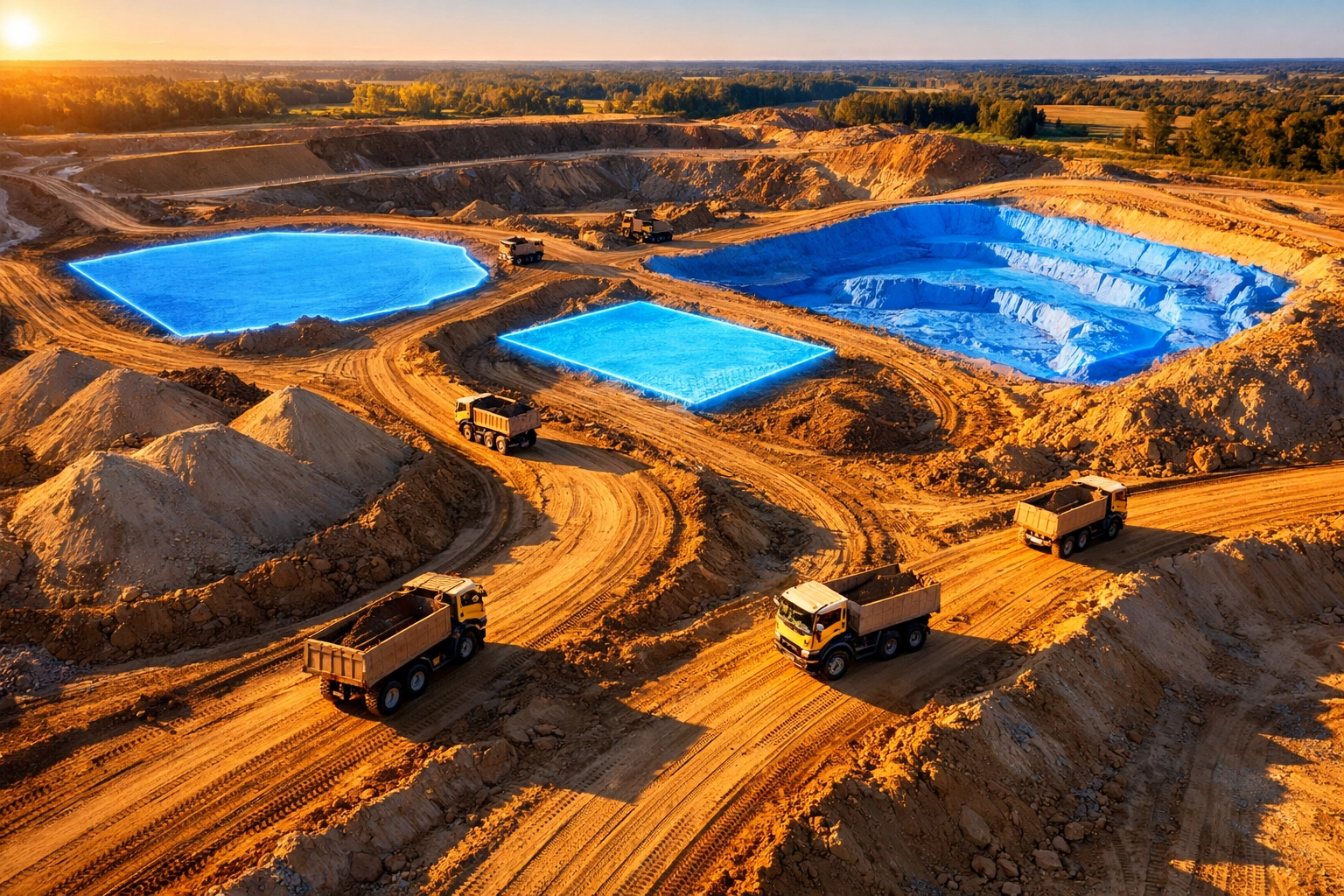 Aerial drone mapping of active construction site with earthmoving equipment and grading