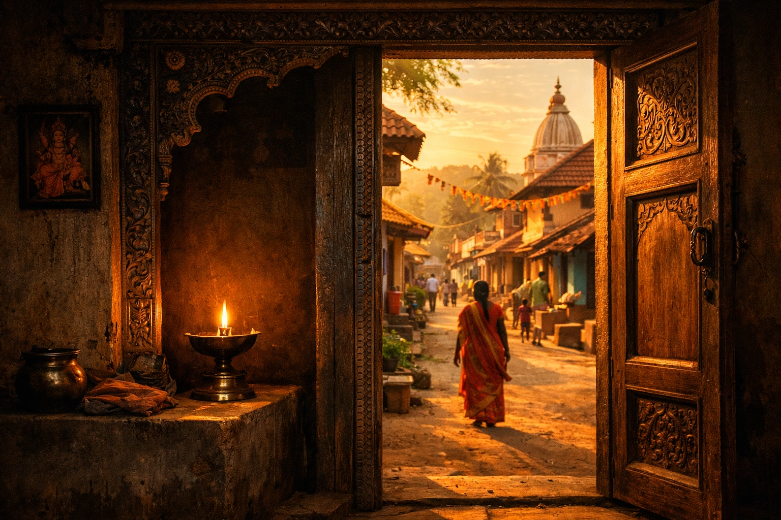 An Indian doorway view showing the balance between quiet private worship and a bright public village street.