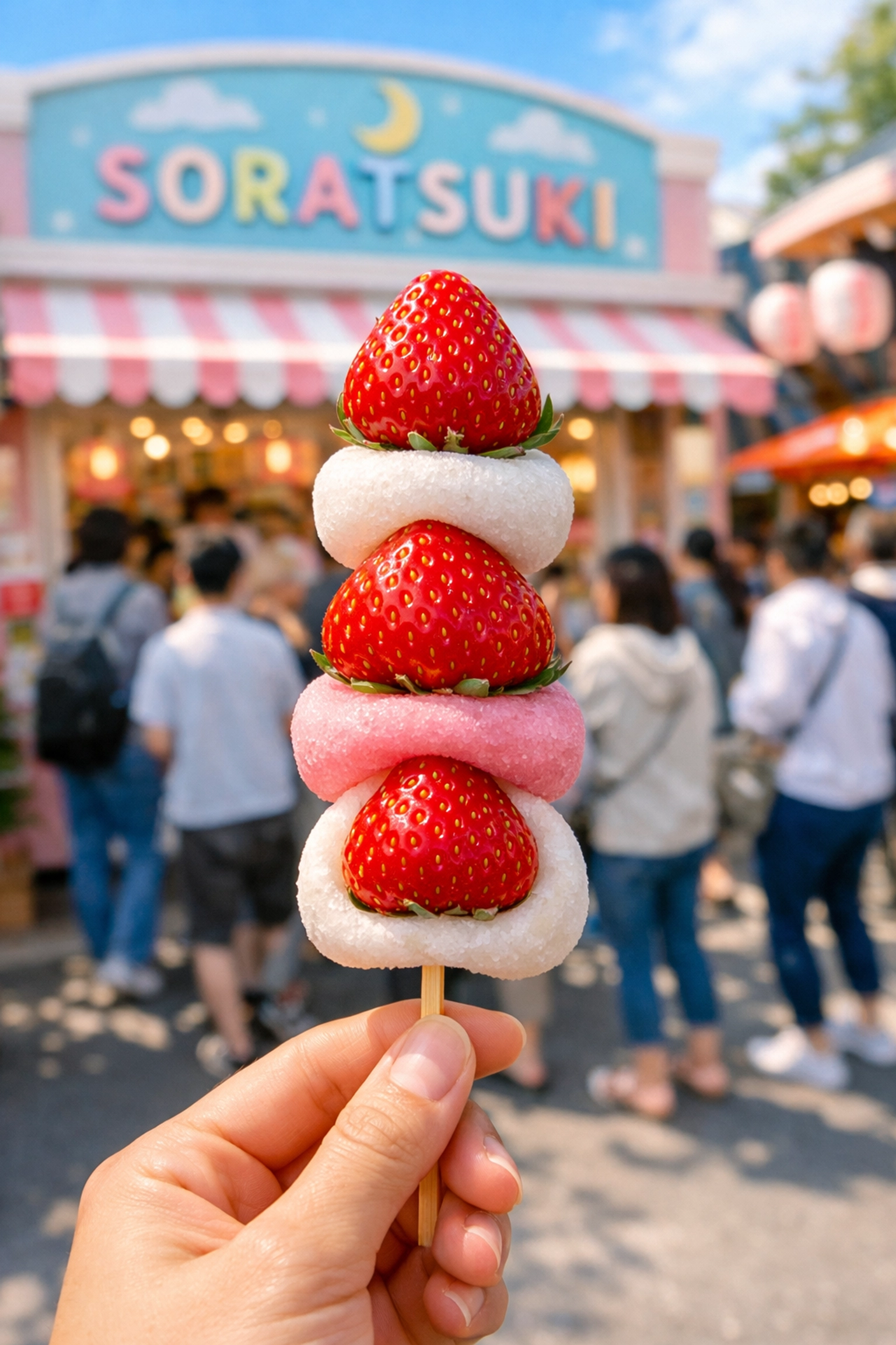 A colorful strawberry daifuku mochi skewer from the famous Soratsuki stall at Tsukiji Market.
