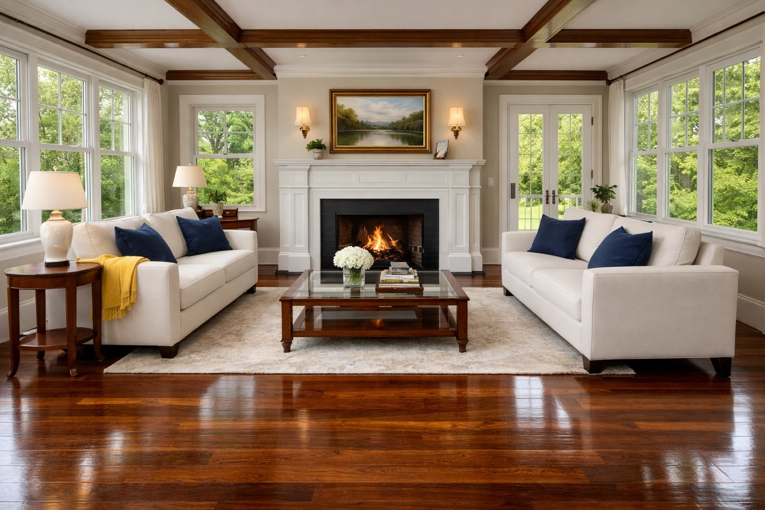 A spotless Wayland living room showcasing the results of eco-friendly house cleaning services.