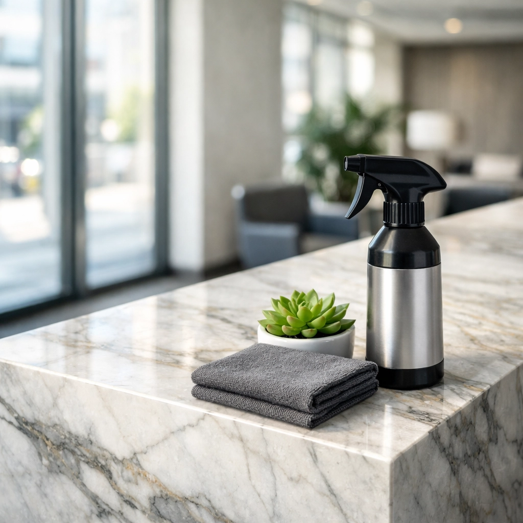 Professional cleaning supplies on a clean marble desk in an Indianapolis office lobby.