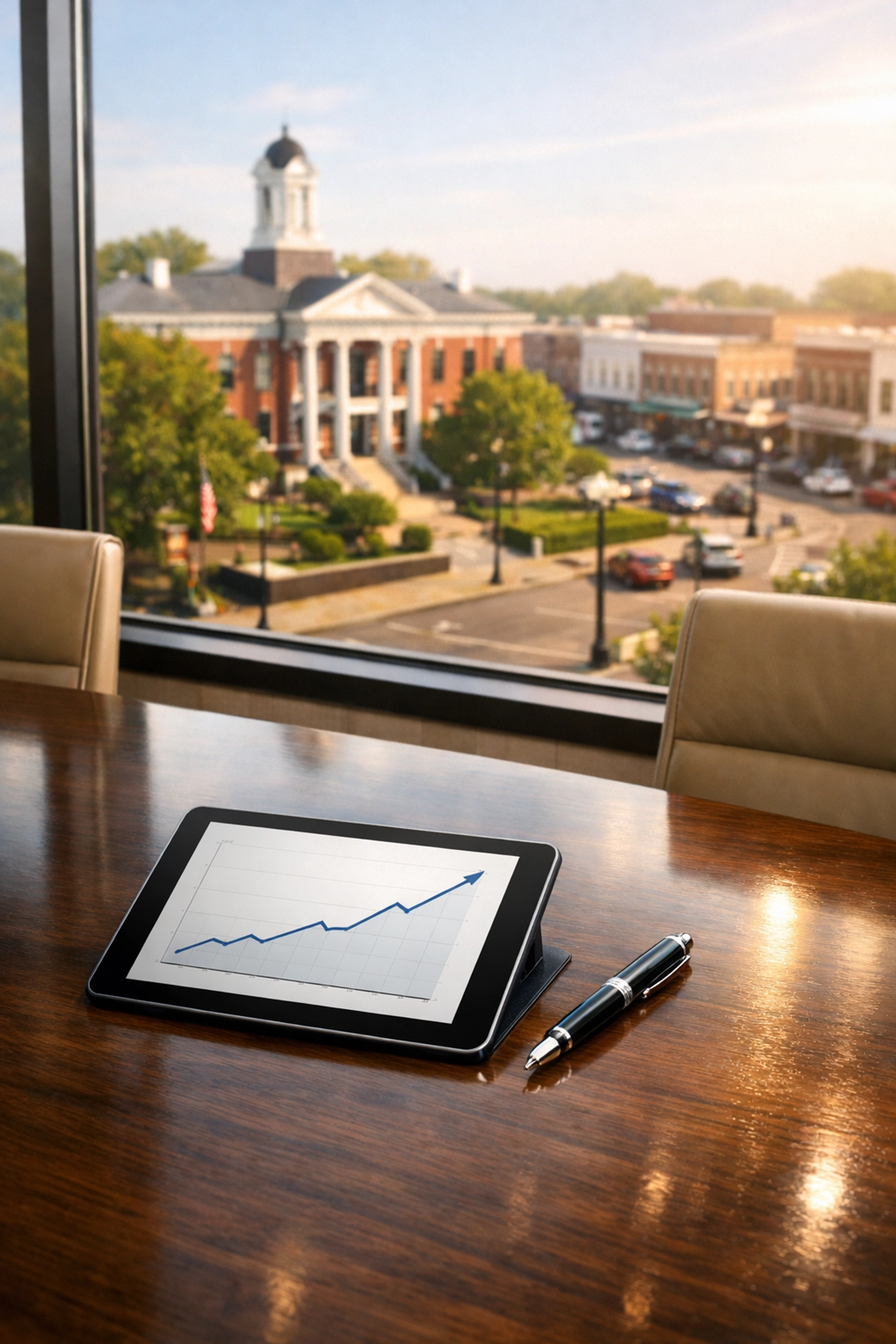 Growth chart in an Oxford Mississippi office overlooking the town square representing rising business valuations.
