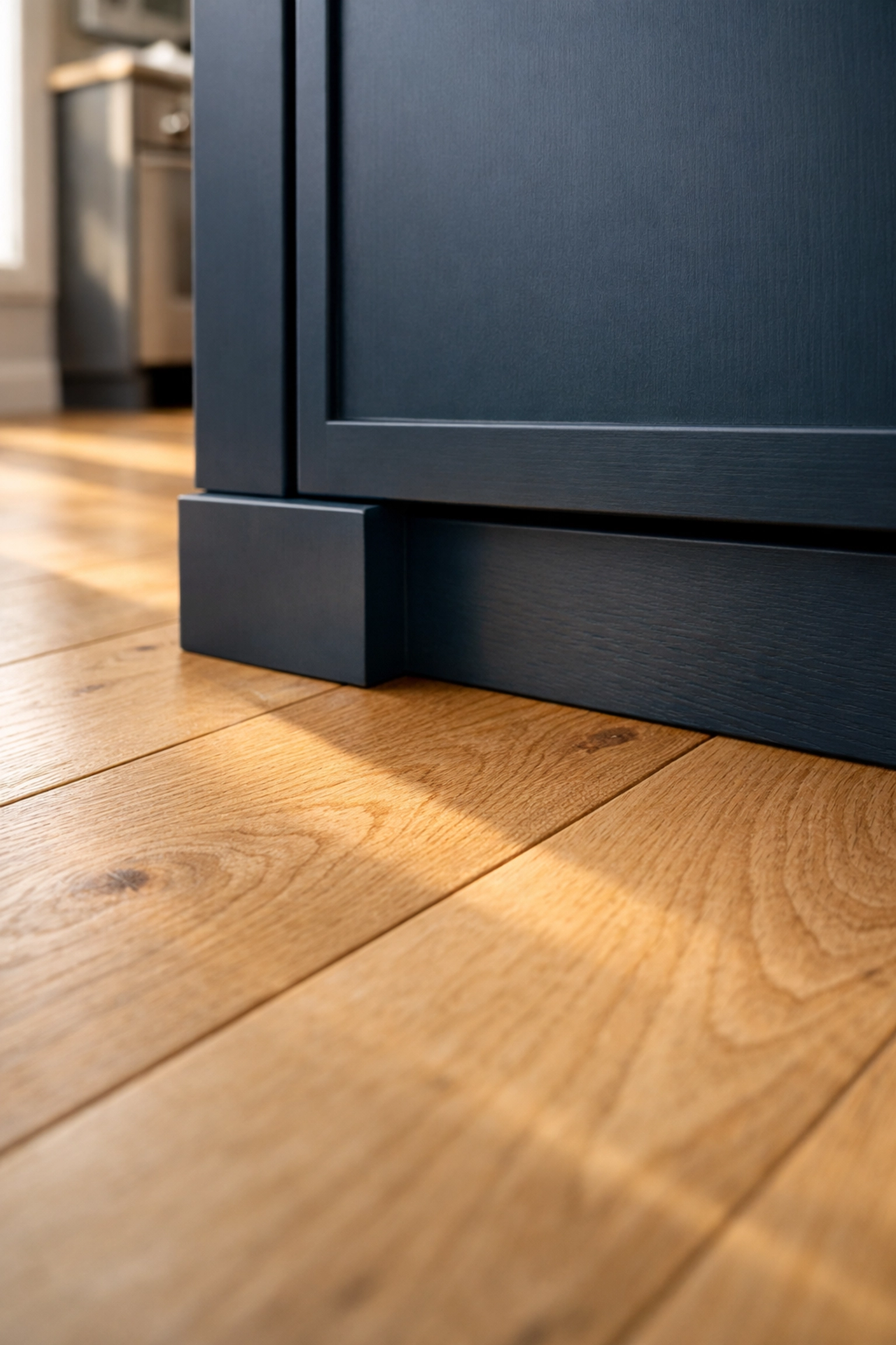 Precision installation of wide-plank oak flooring around a modern navy kitchen island base.