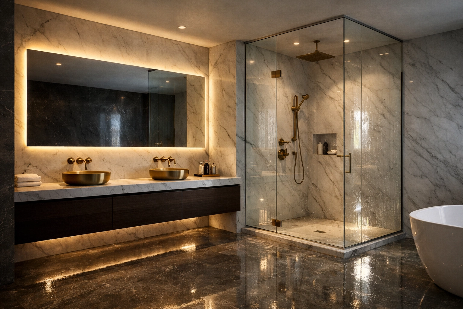 High-quality photorealistic render of a modern luxury bathroom with marble surfaces, brass fixtures, and a floating vanity