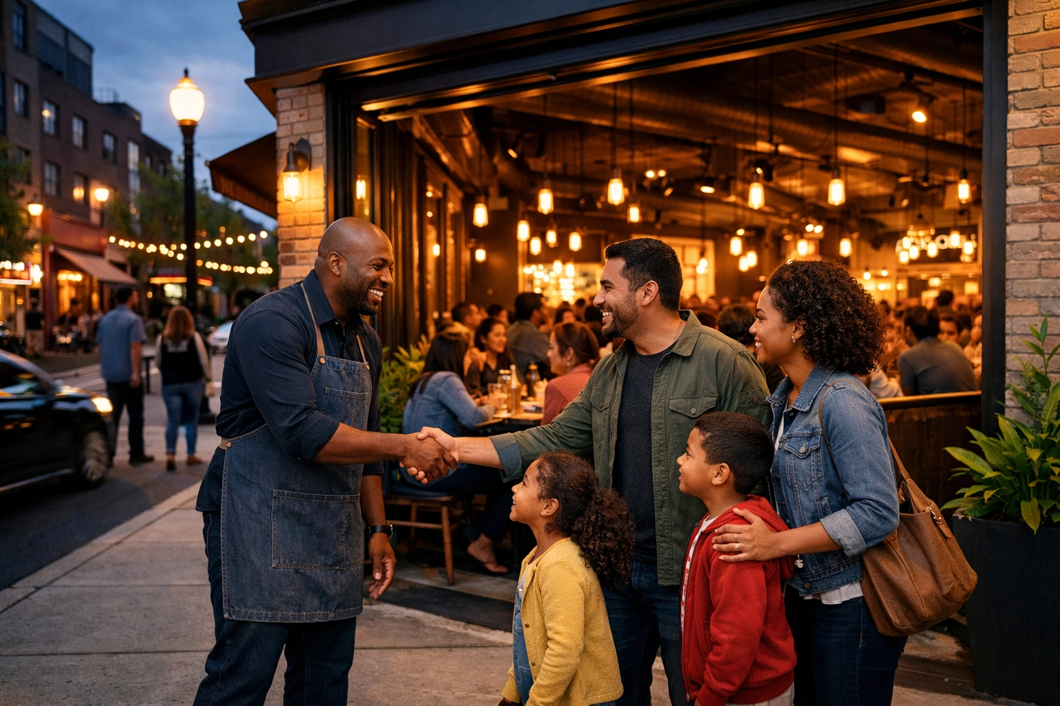 Successful restaurant owner greeting guests outside a busy urban eatery after a positive feasibility study.