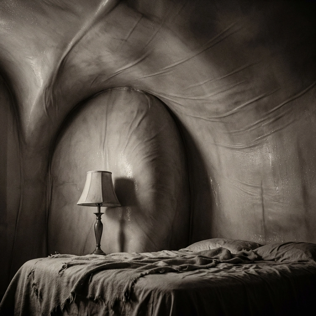 Bedroom corner with skin-like organic walls showcasing body horror architecture