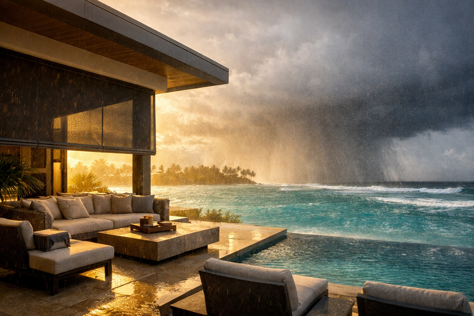 Charcoal weatherproof outdoor blinds protecting a luxury beachfront patio in the Cook Islands from tropical rain.