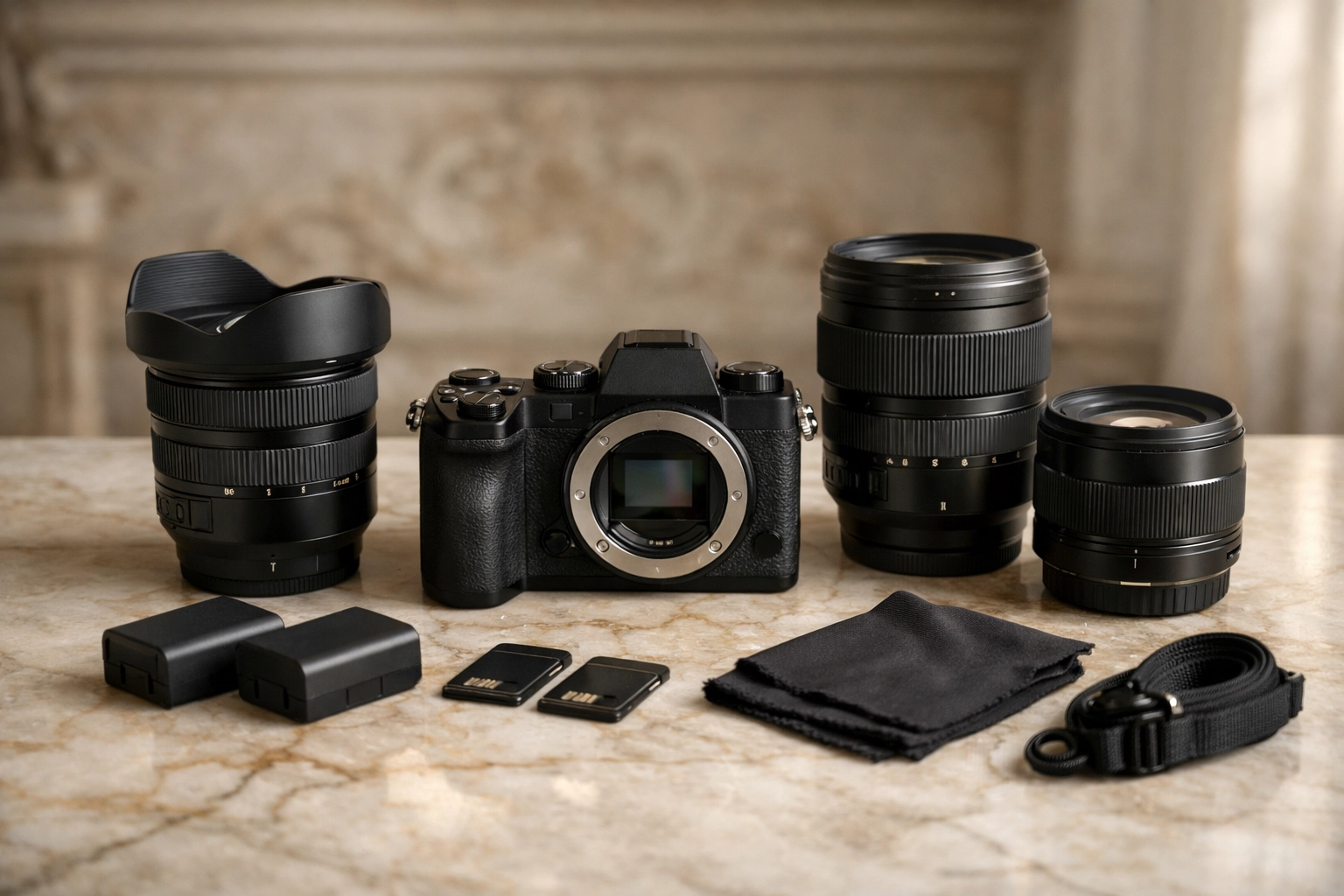 Essential photography gear including camera and wide-angle lenses for a Versailles photo shoot.