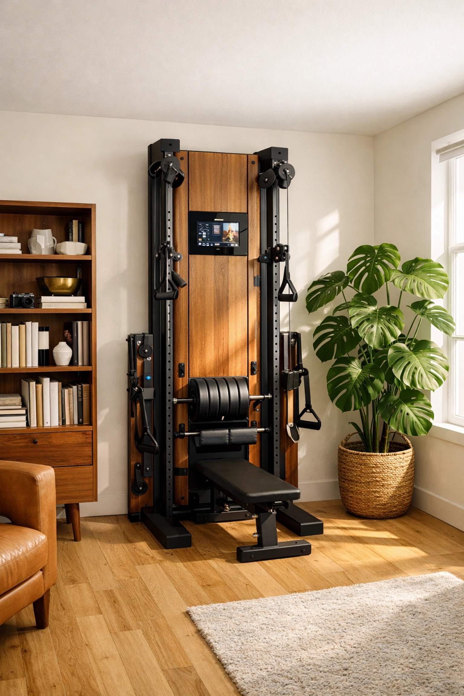 A versatile home gym and pull up bar alternative designed for small apartments with no wall damage.