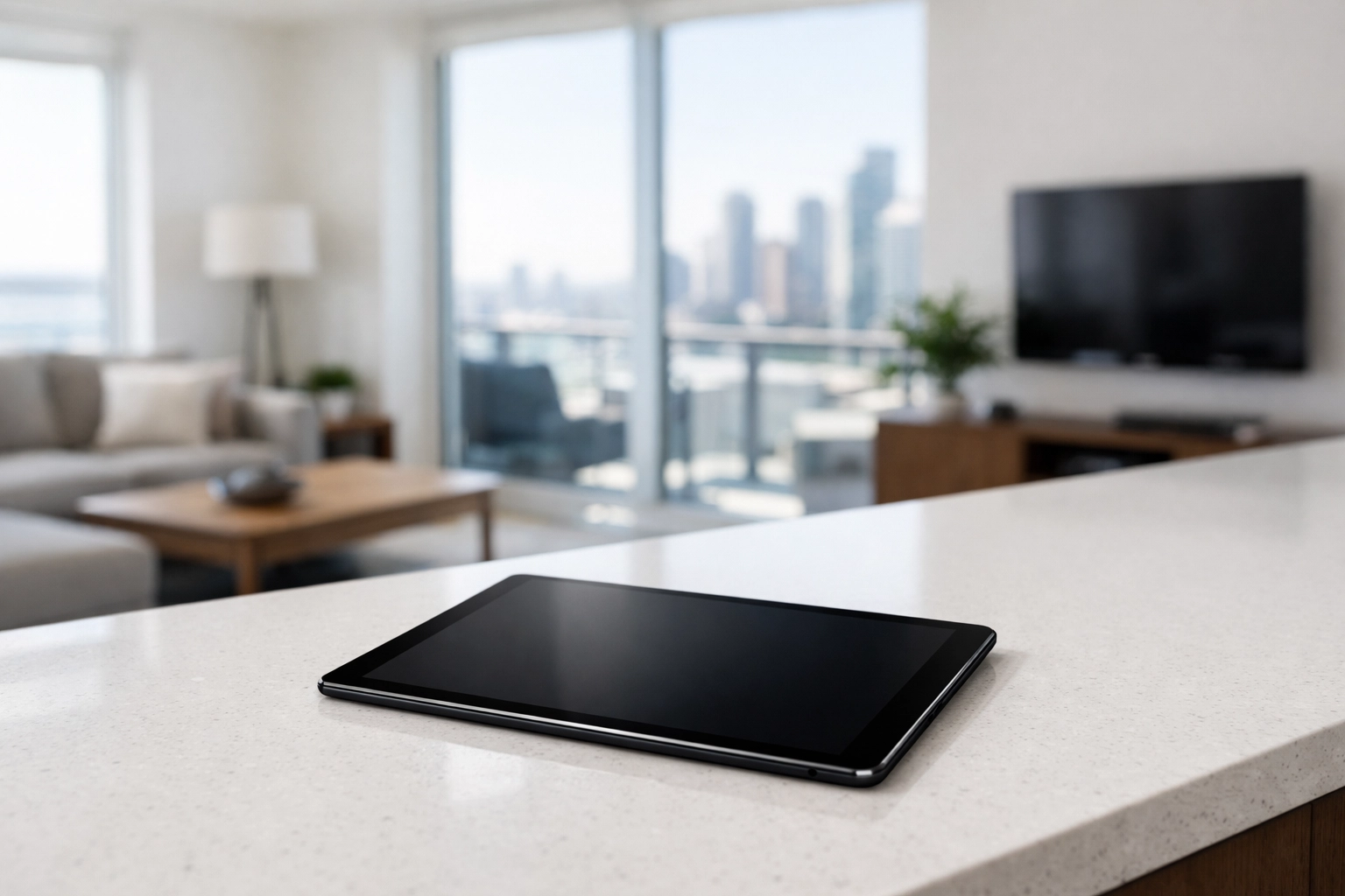 Modern apartment interior with a tablet on the counter, representing efficient tenant turnover scheduling in the Midwest.