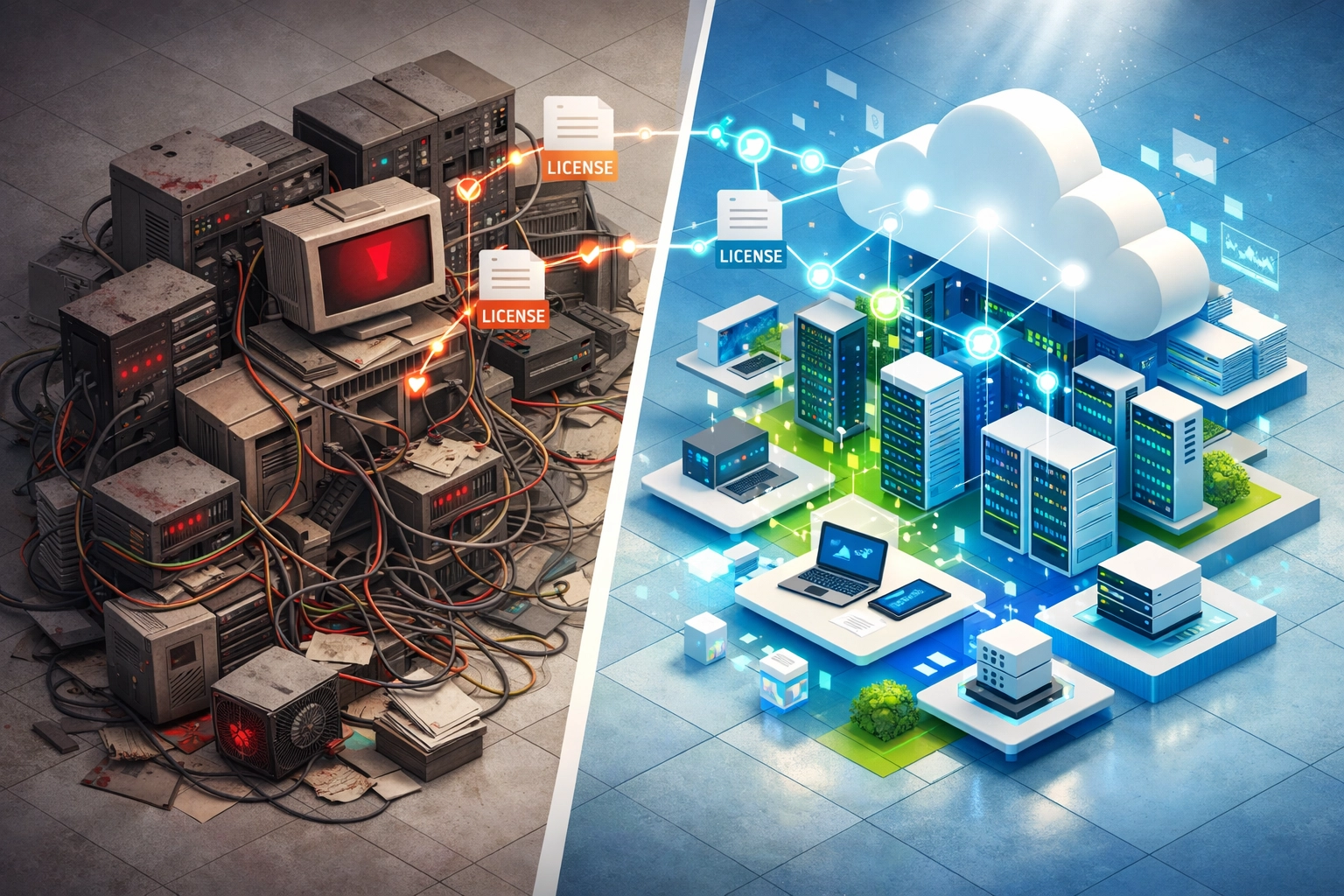 IT infrastructure transformation showing ITAM optimization from inefficient systems to streamlined cloud architecture