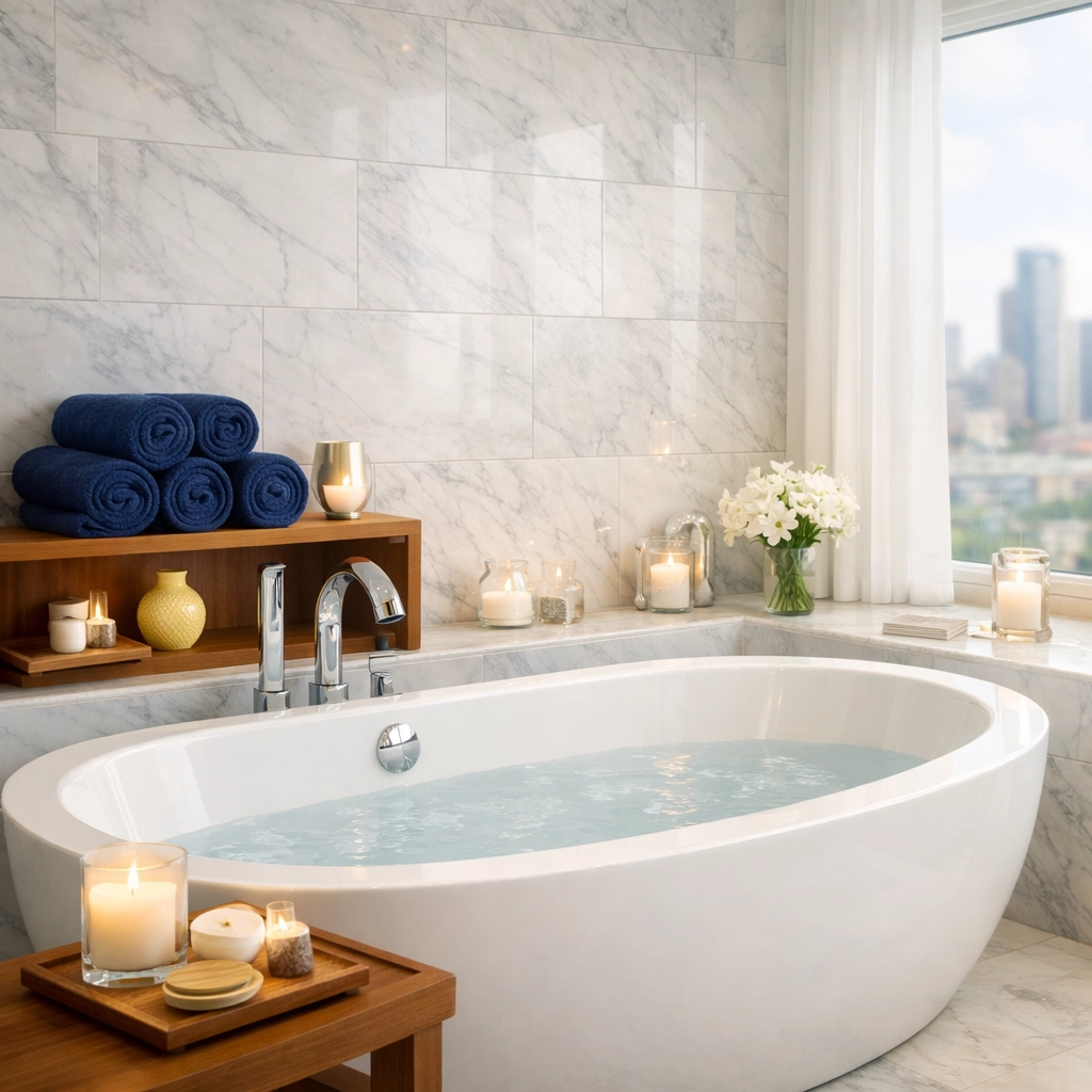 Sparkling clean master bathroom in a Leominster apartment with polished marble tiles and soaking tub.