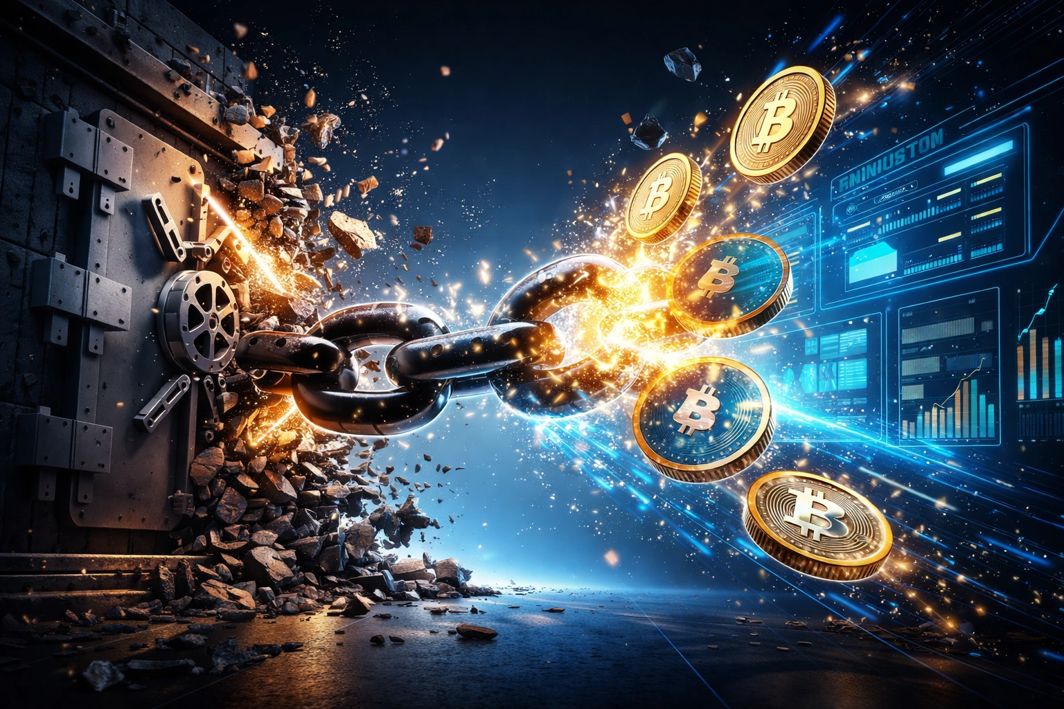 Broken banking system replaced by digital crypto payments, illustrating financial sovereignty and bank-free merchant solutions.