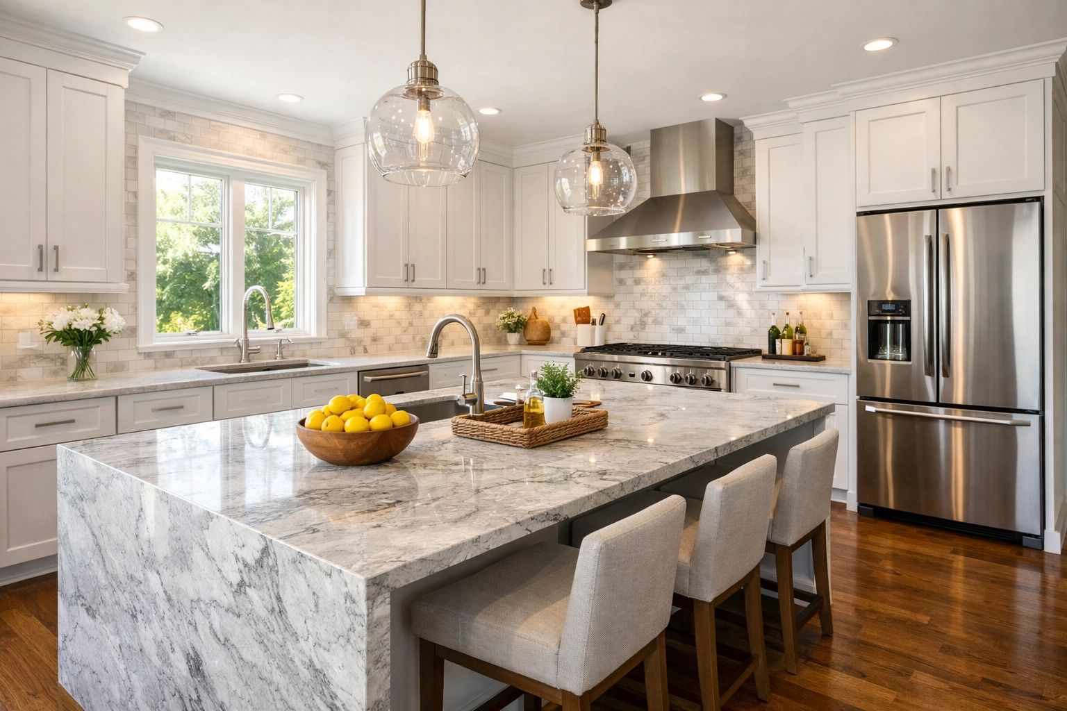 Modern Central Ohio kitchen remodel with luxury white cabinetry and a quartz waterfall island.