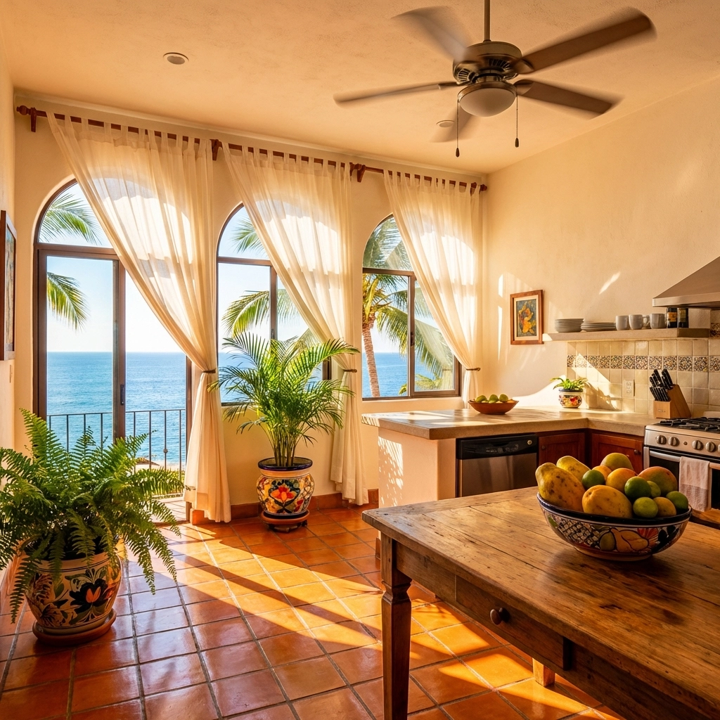 Bright Puerto Vallarta apartment interior with open windows and tropical plants, highlighting utility inclusions for renters