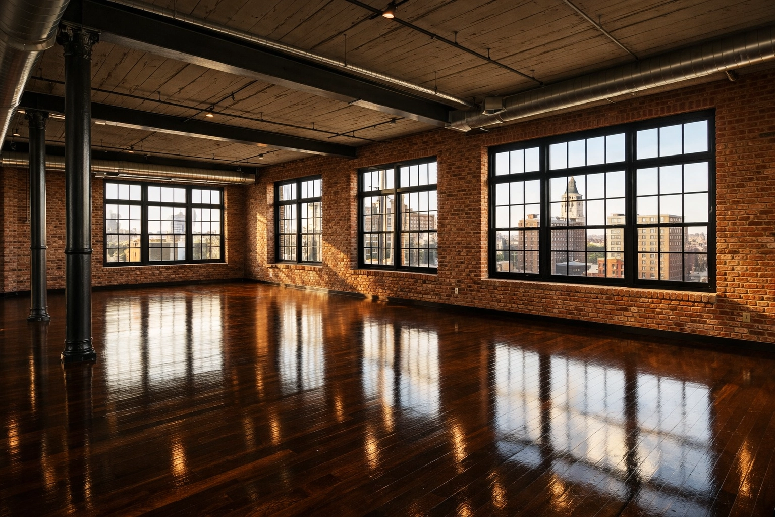 Rent-ready luxury loft in Detroit after professional move-out cleaning, featuring polished wood floors.