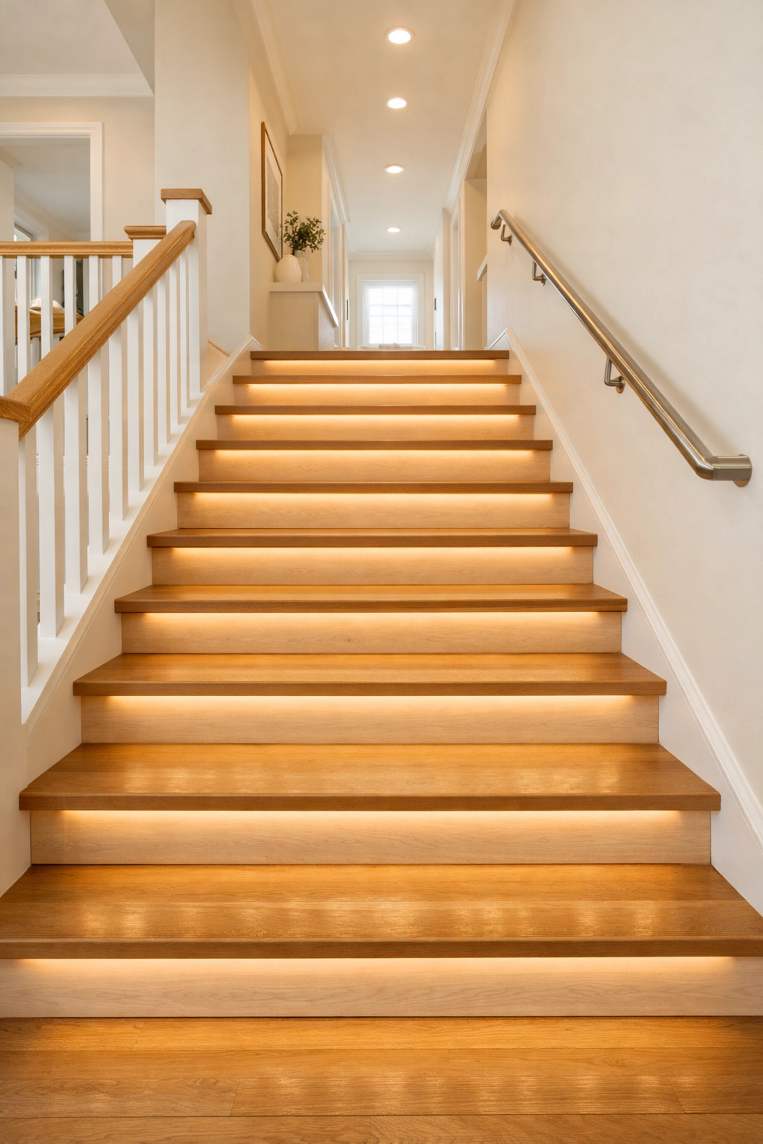 Modern indoor staircase with LED tread lighting to improve visibility and depth perception for home stair safety.