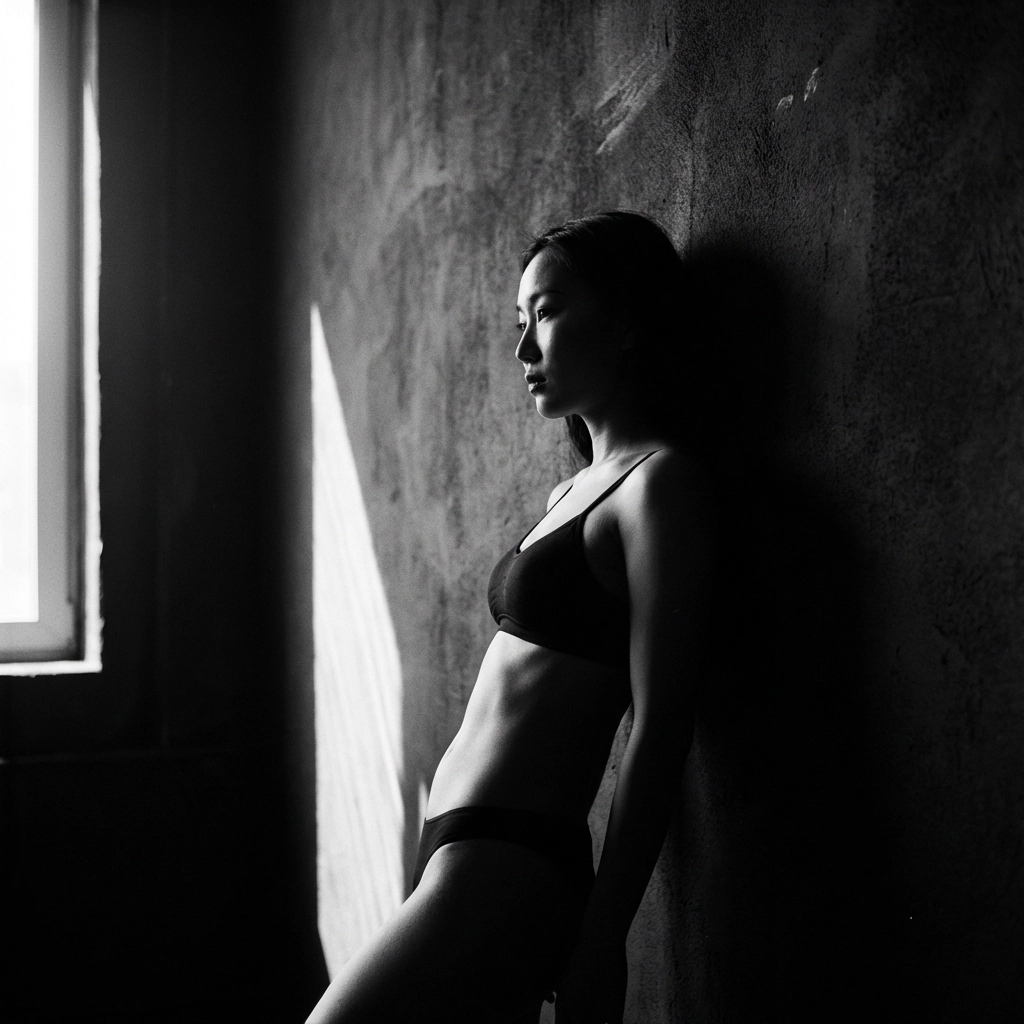 Erotic photography featuring dramatic side-lighting and shadows to define the female form.