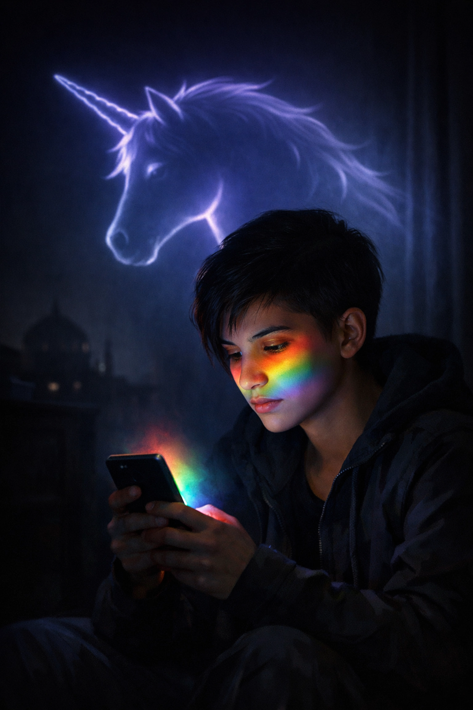 An Afghan LGBTQ+ youth using a smartphone as a digital sanctuary for hope and queer resilience.