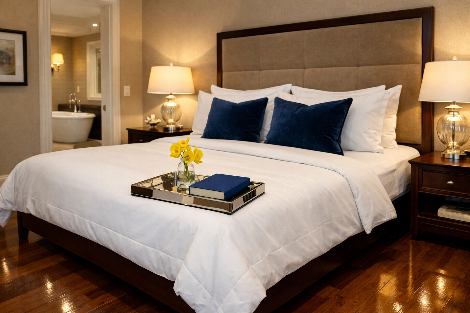 Professionally cleaned and staged luxury master bedroom in a Dover home with polished hardwood floors.