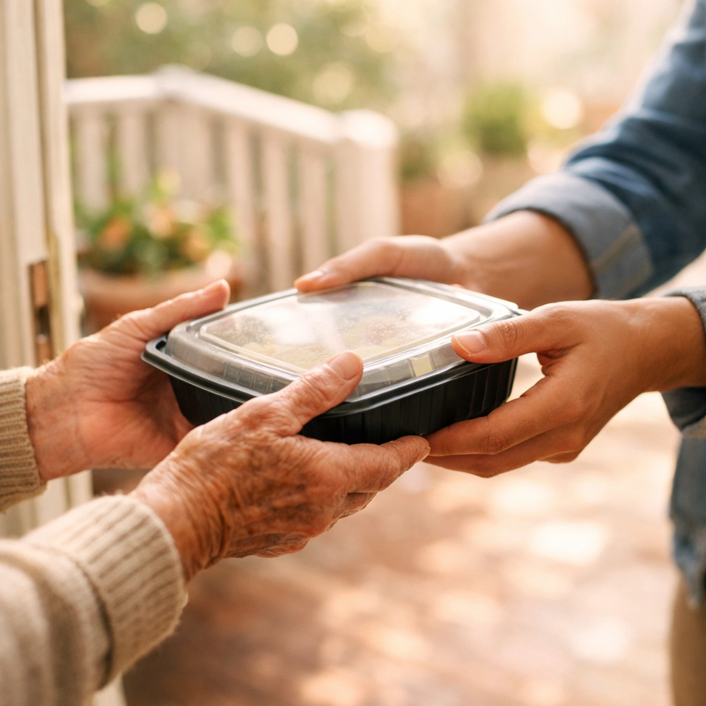 Elderly person receiving affordable meal delivery at home from community care service