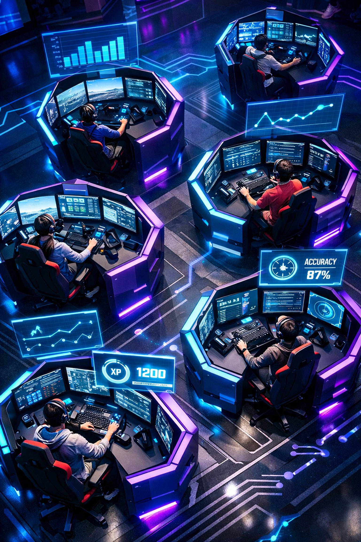 High school esports training facility with students developing workforce skills in simulation pods