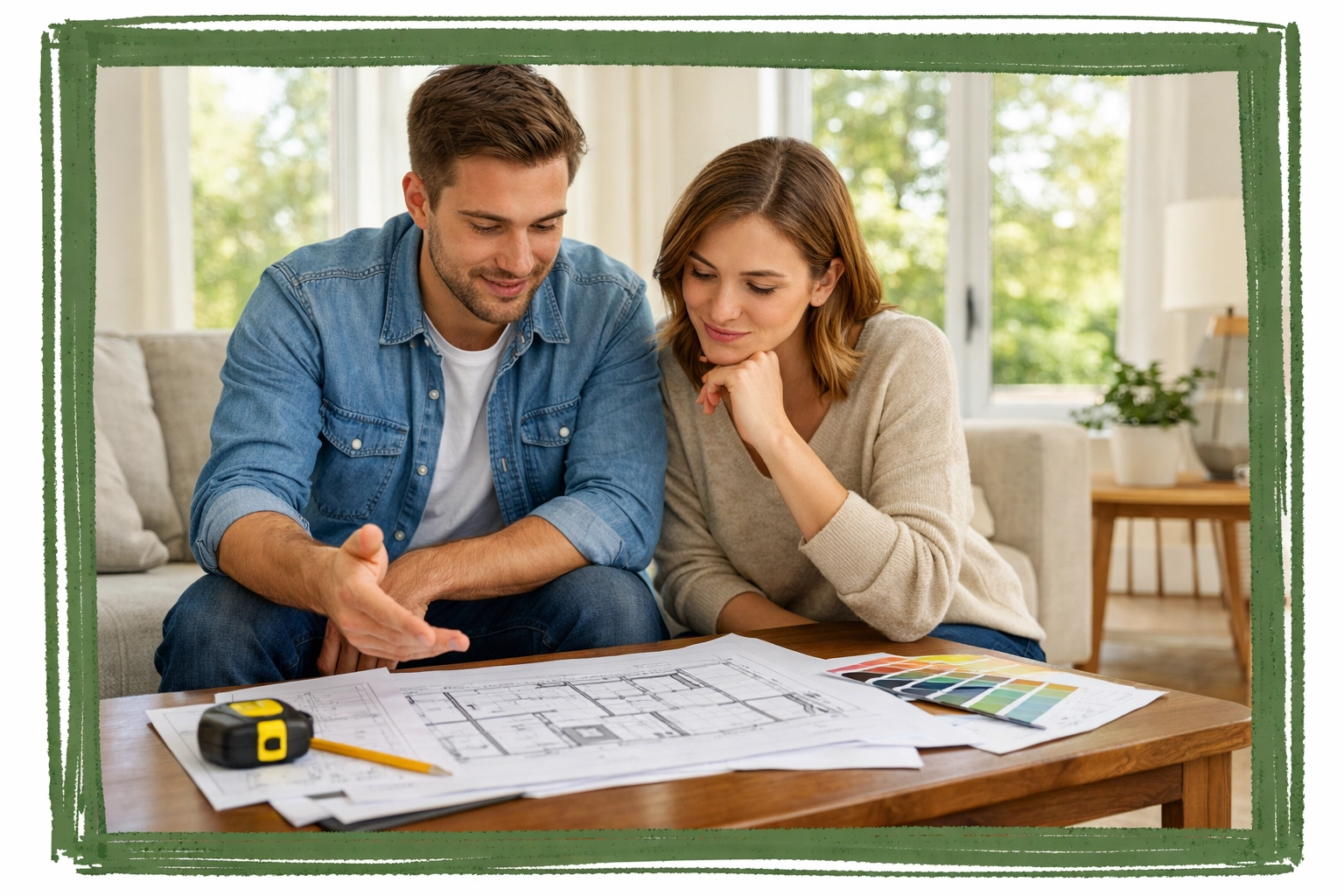 Homeowners discussing renovation plans and smart home equity decisions in living room Homeowners discussing renovation plans and smart home equity decisions in living room