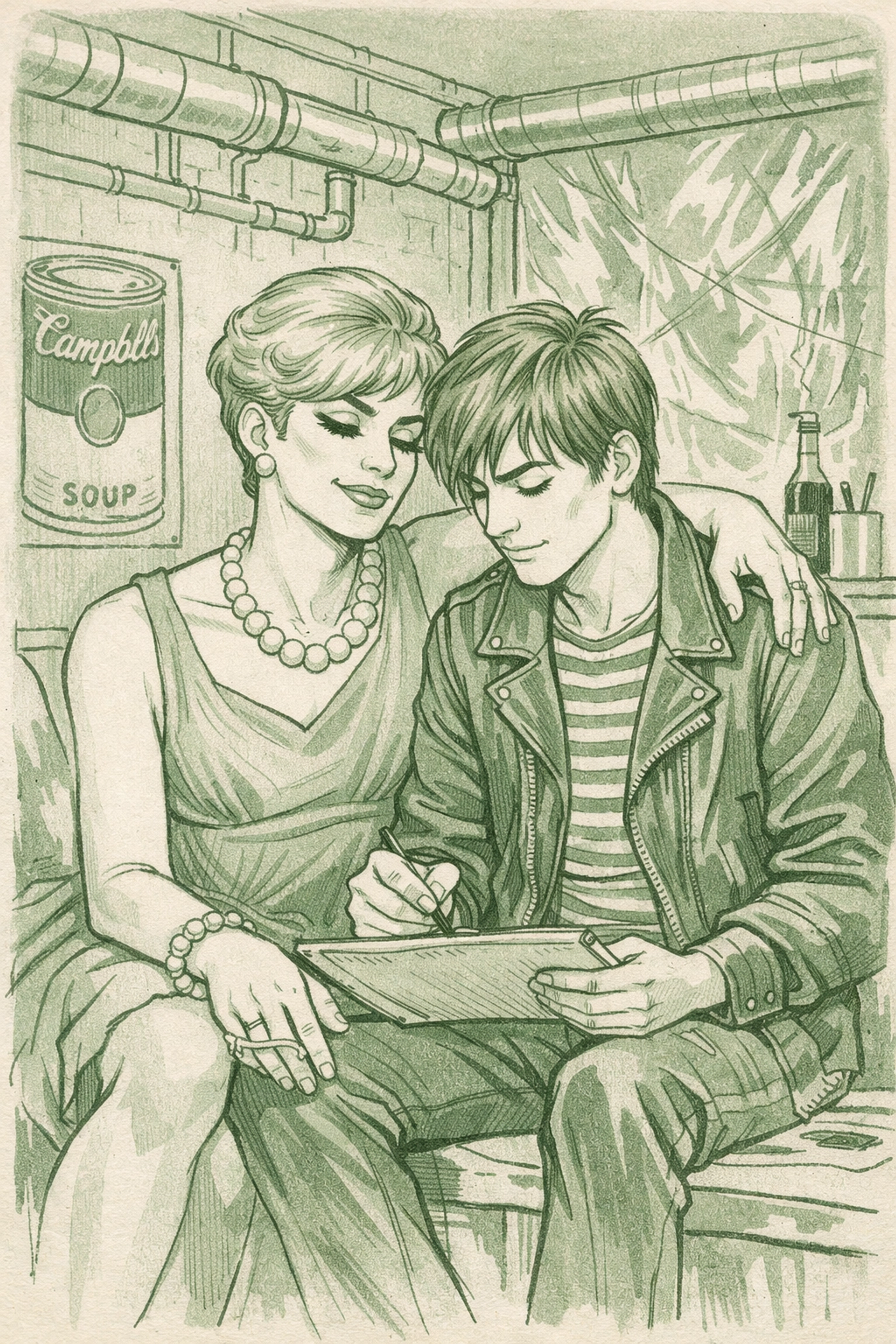 Warhol Factory era scene with gender-fluid performer in drag, LGBTQ+ creative collaboration