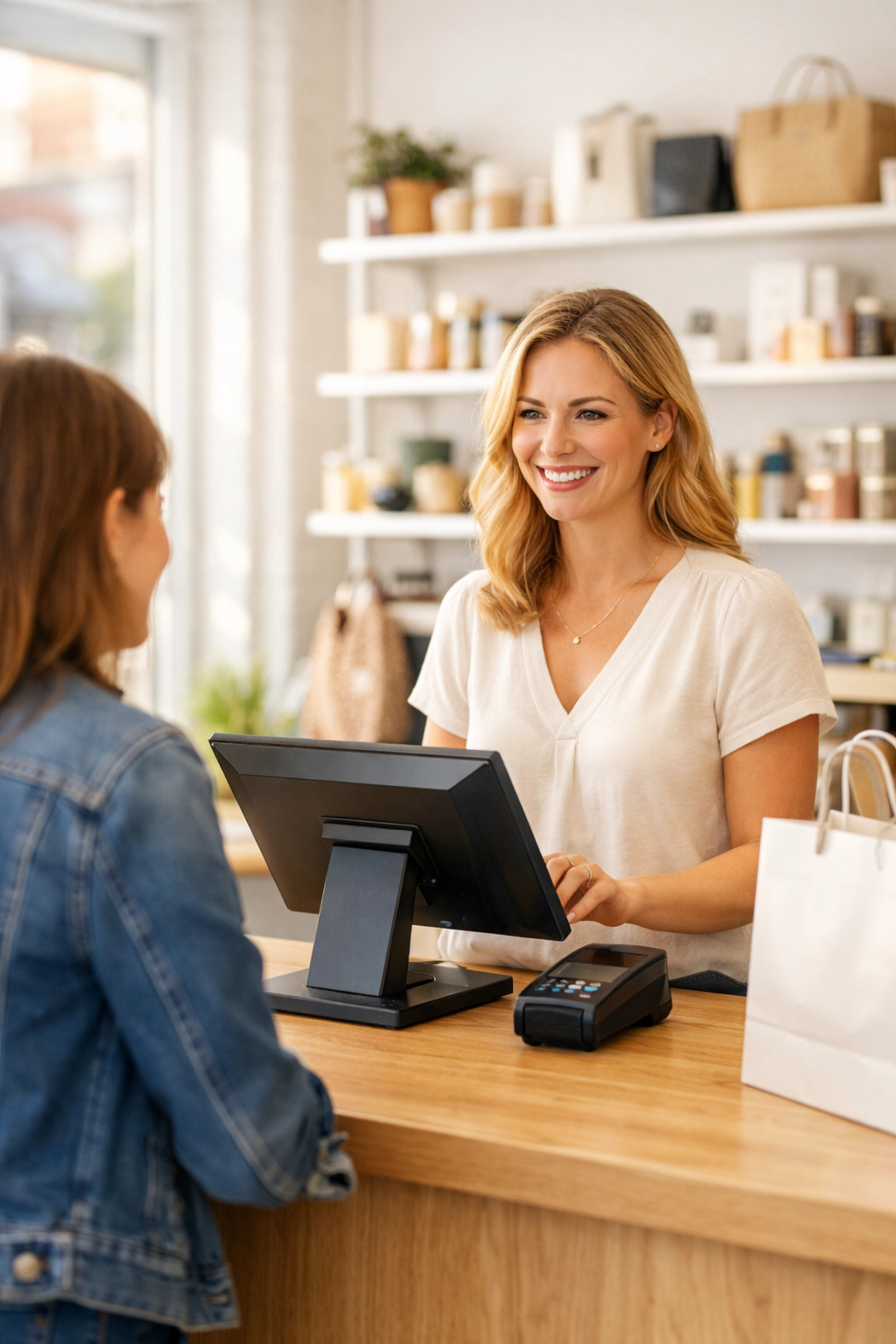 A retail staff member using a sleek touchscreen epos system in a modern UK boutique.