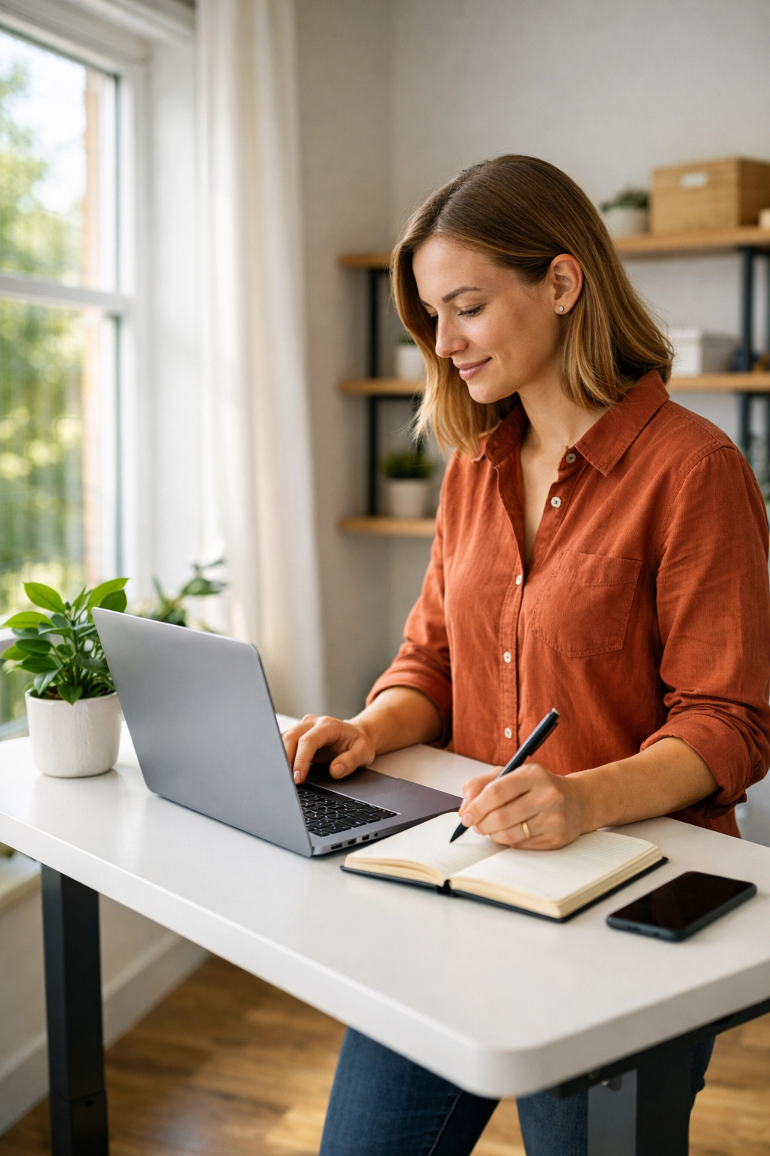 Blogger working efficiently at organized desk with single laptop using focused marketing automation tools