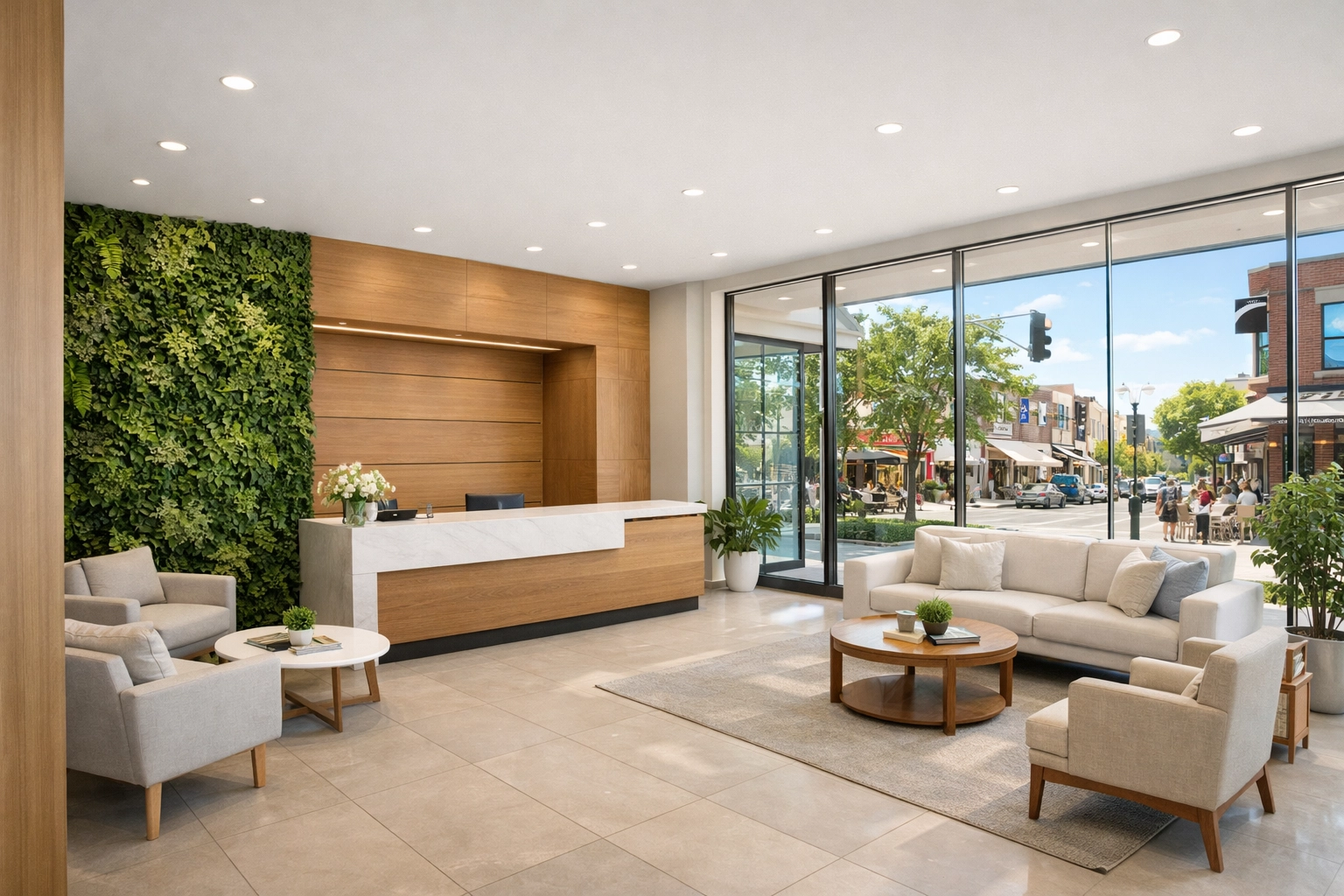 Modern property management office lobby representing brand stability and local community trust.