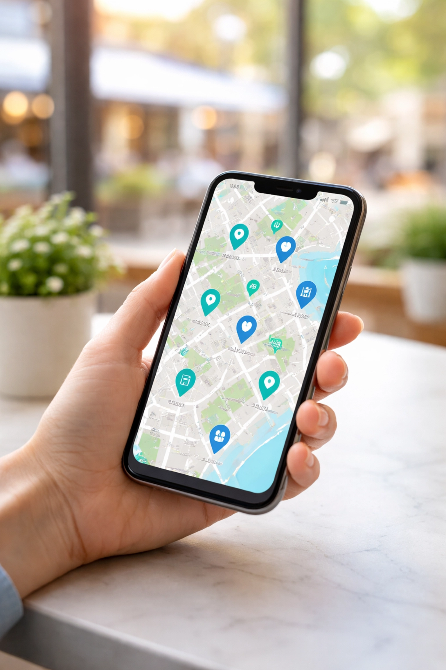 Person using smartphone to find local businesses on a map, illustrating local SEO and online discovery.