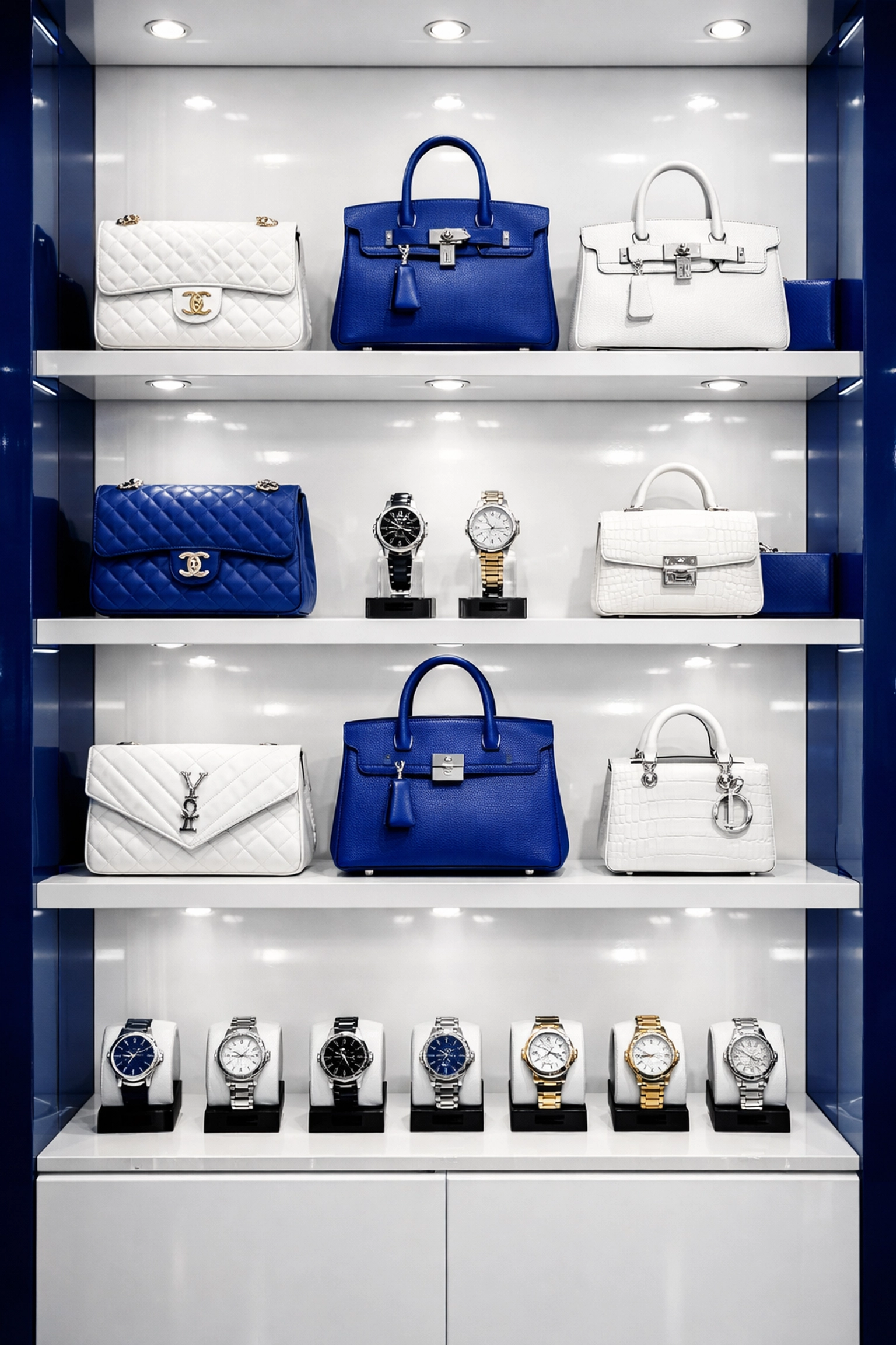 Professionally cleaned luxury accessory display featuring handbags and watches on white shelving.