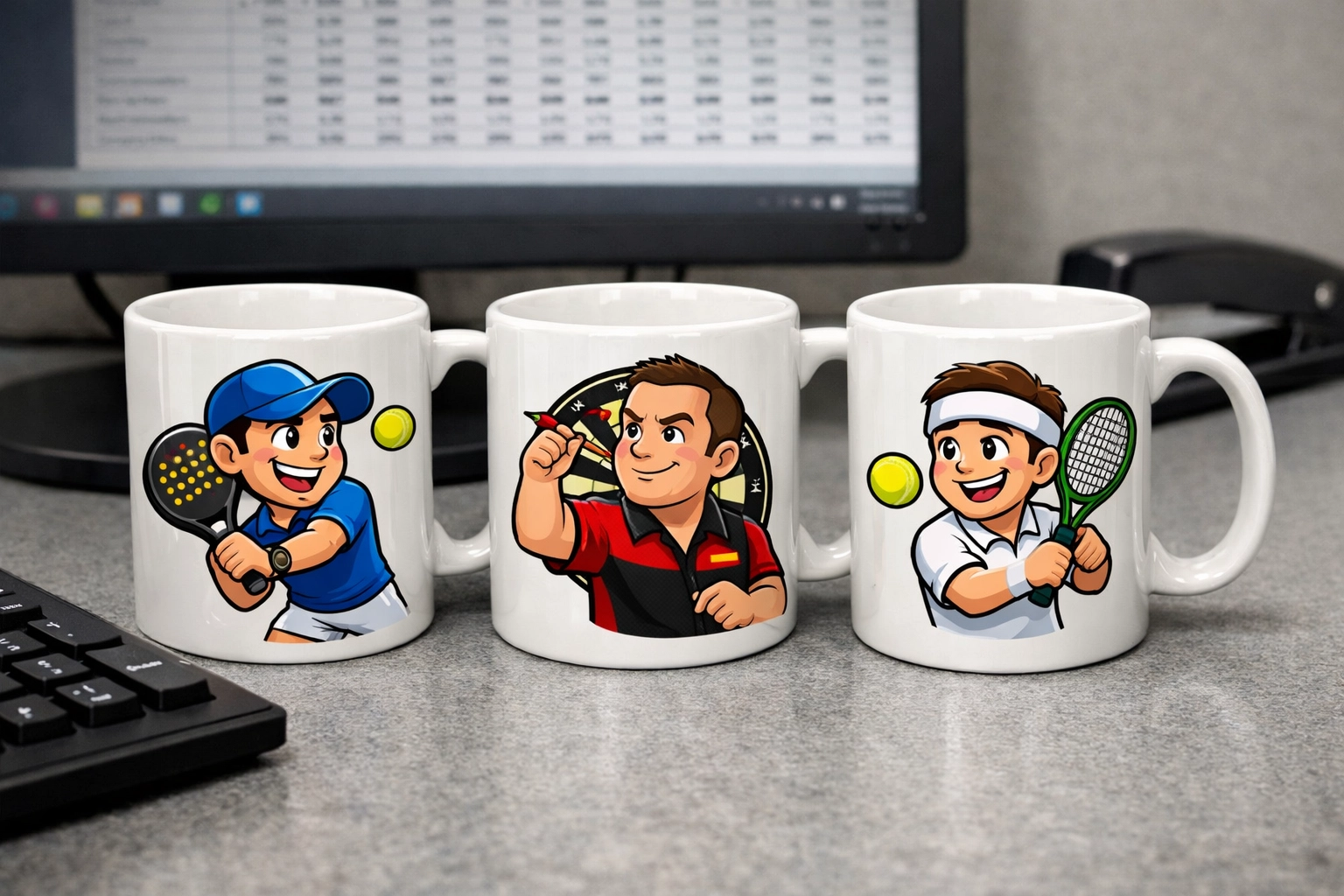 Three funny office mugs with rude sporty cartoons on a desk, ideal for office banter and cheeky gifts.