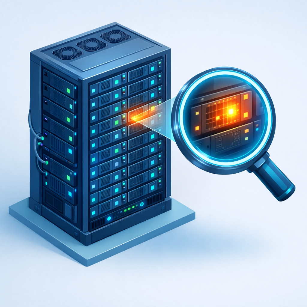 A digital magnifying glass inspecting a server rack to identify hidden cybersecurity vulnerabilities.