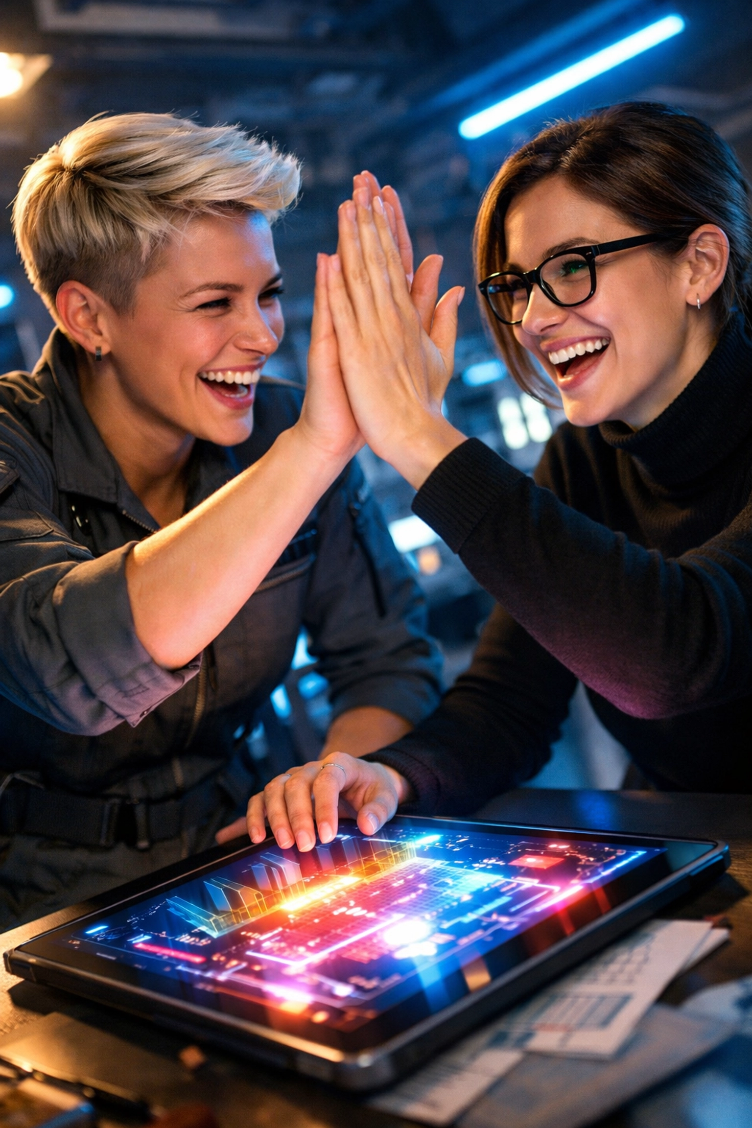 Two lesbian professionals collaborating and celebrating a win in a modern high-tech design studio.