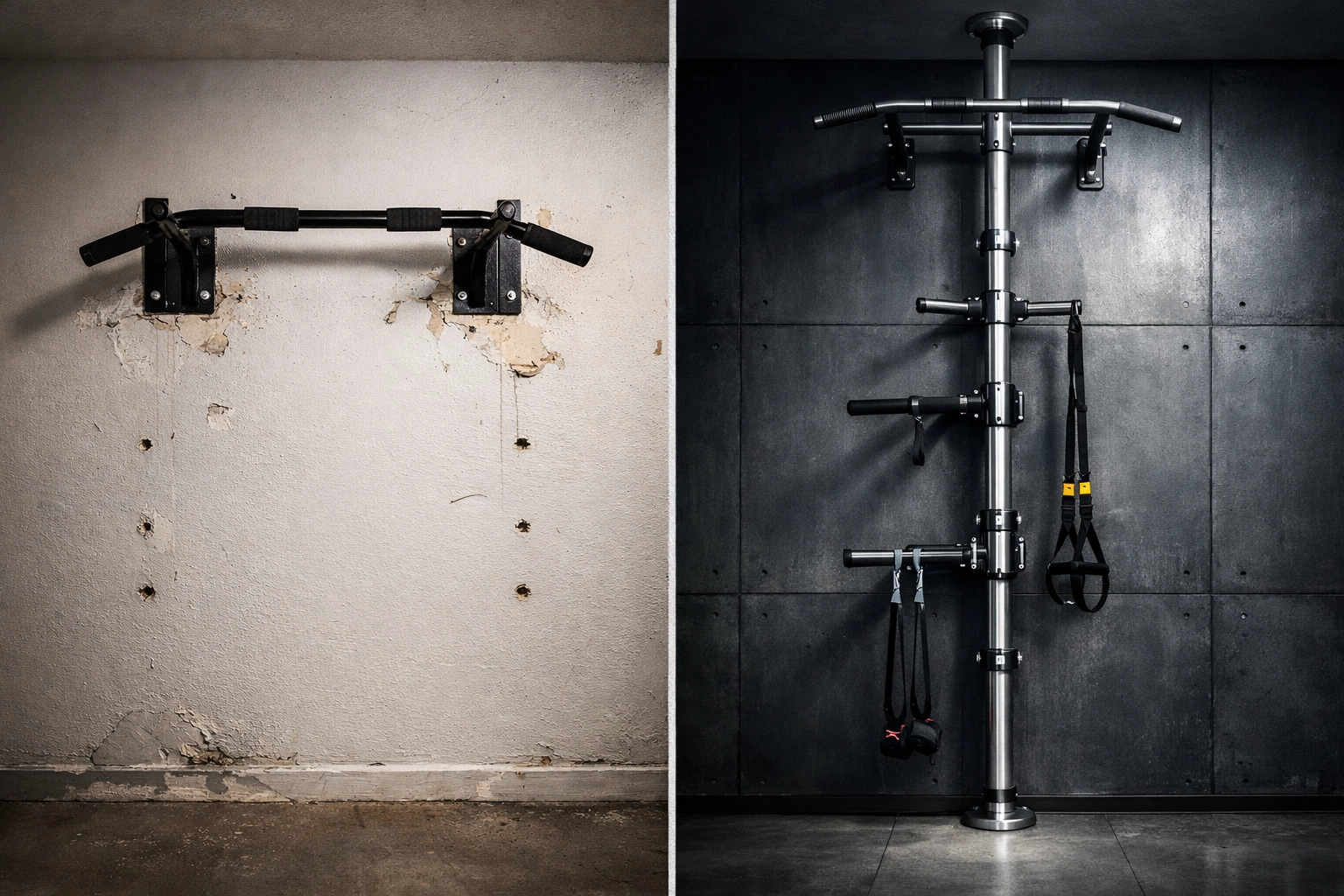 Comparison of wall-mounted pull-up bar versus floor-to-ceiling gym system