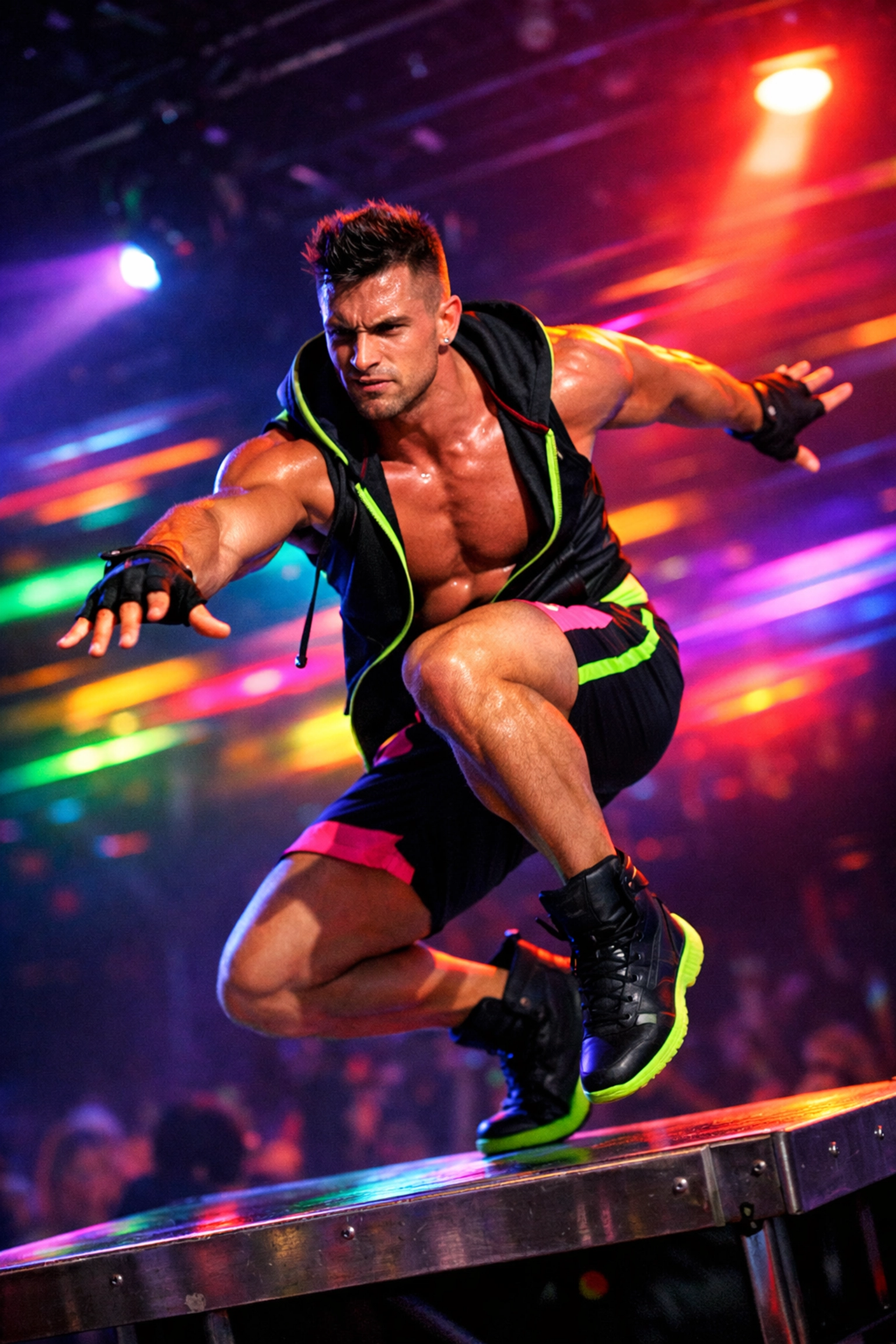 A male gogo dancer performing under club lights, reflecting the vibrant energy of steamy MM romance.