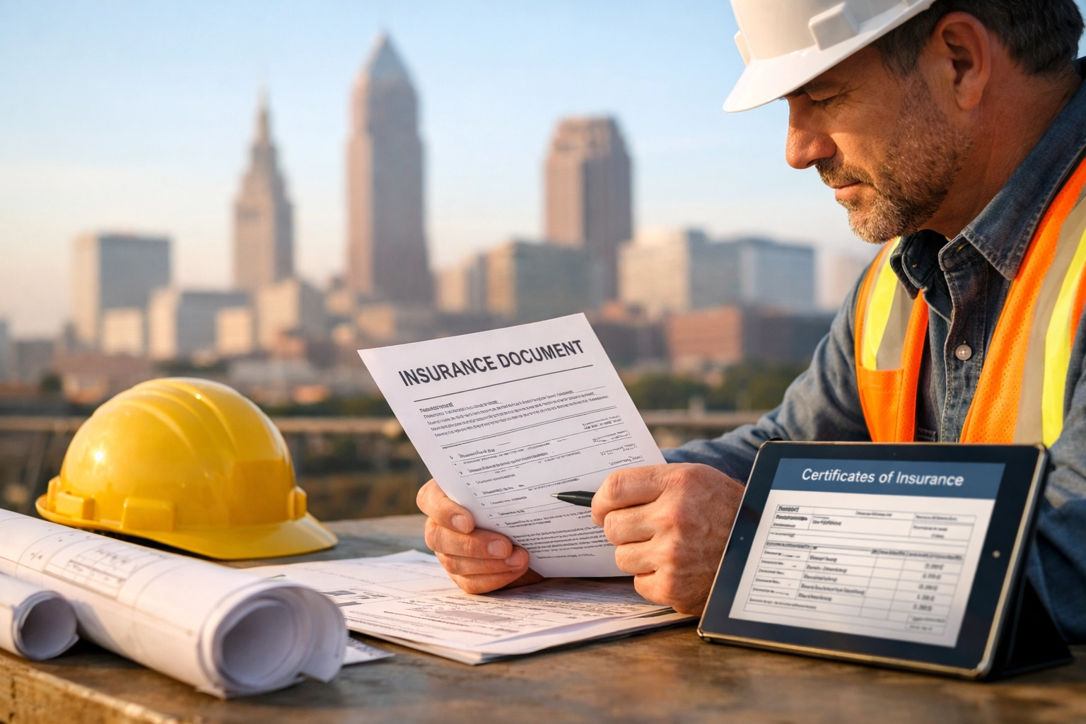 Cleveland contractor reviewing insurance documents at job site with downtown skyline